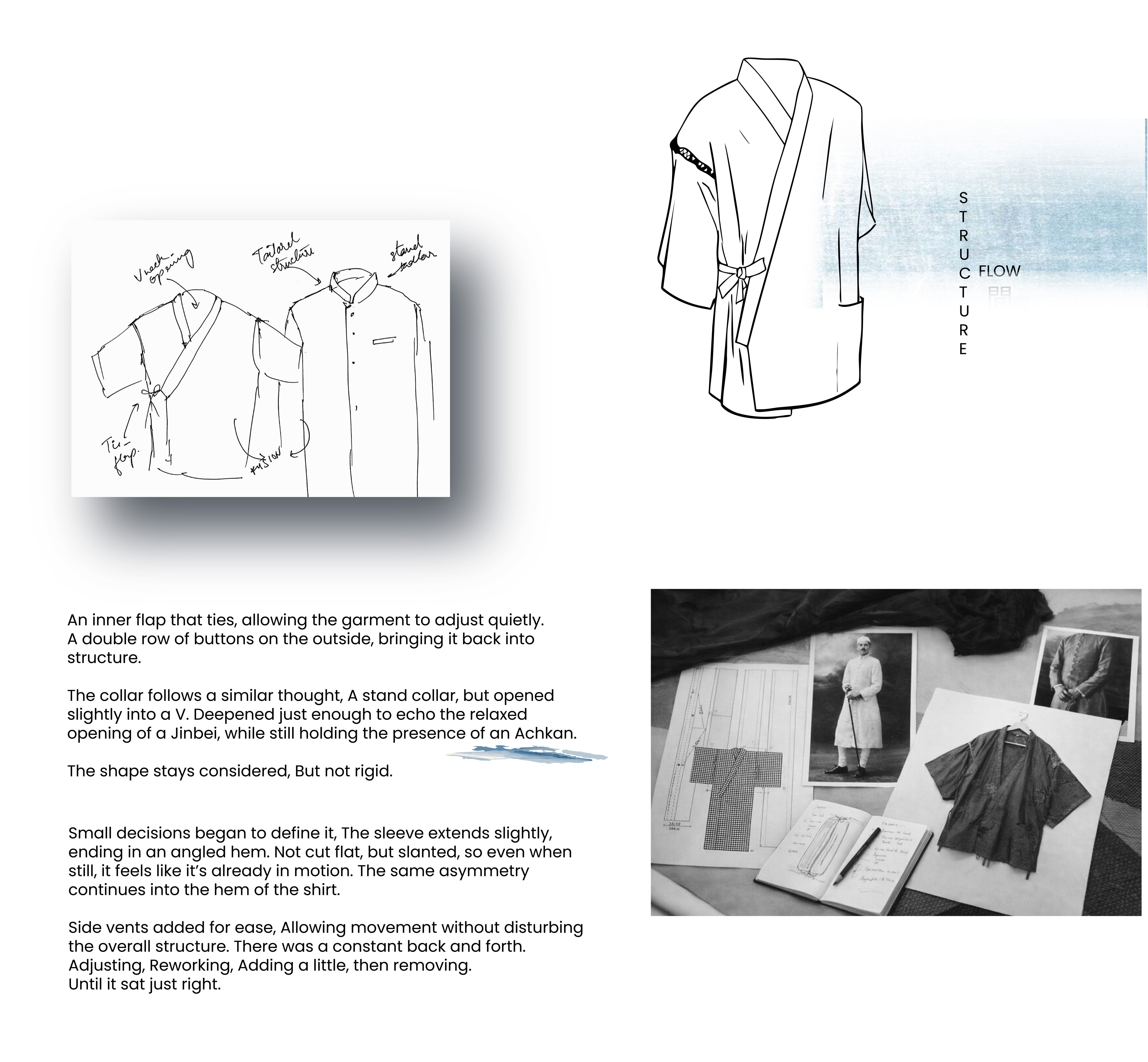 This image depicts a design mood board and technical sketches for a garment that blends traditional Japanese and Indian menswear elements.