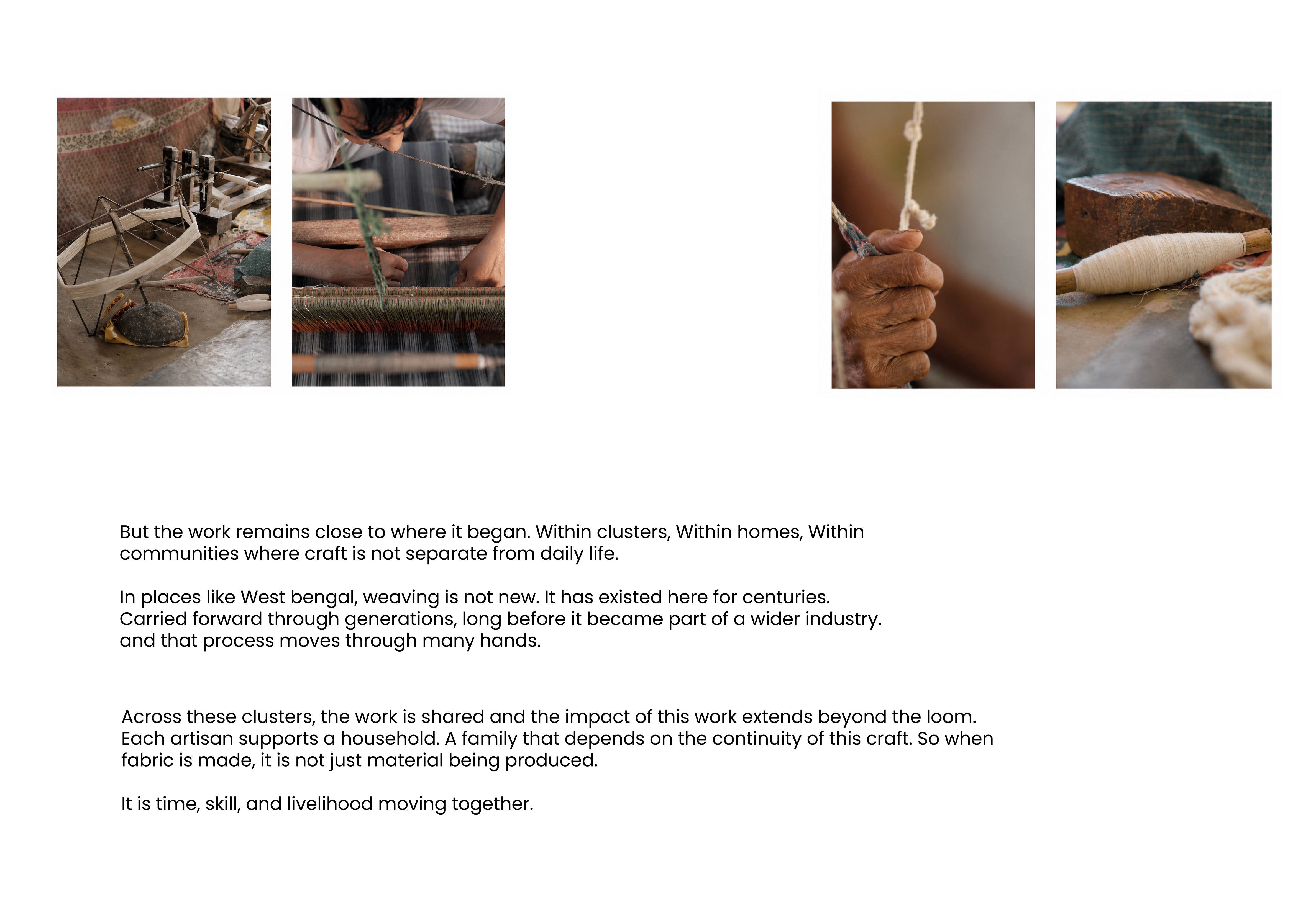 A series of four photographs showcasing the intricate process of hand-weaving fabric, paired with text describing the deep cultural roots of the craft in West Bengal. 