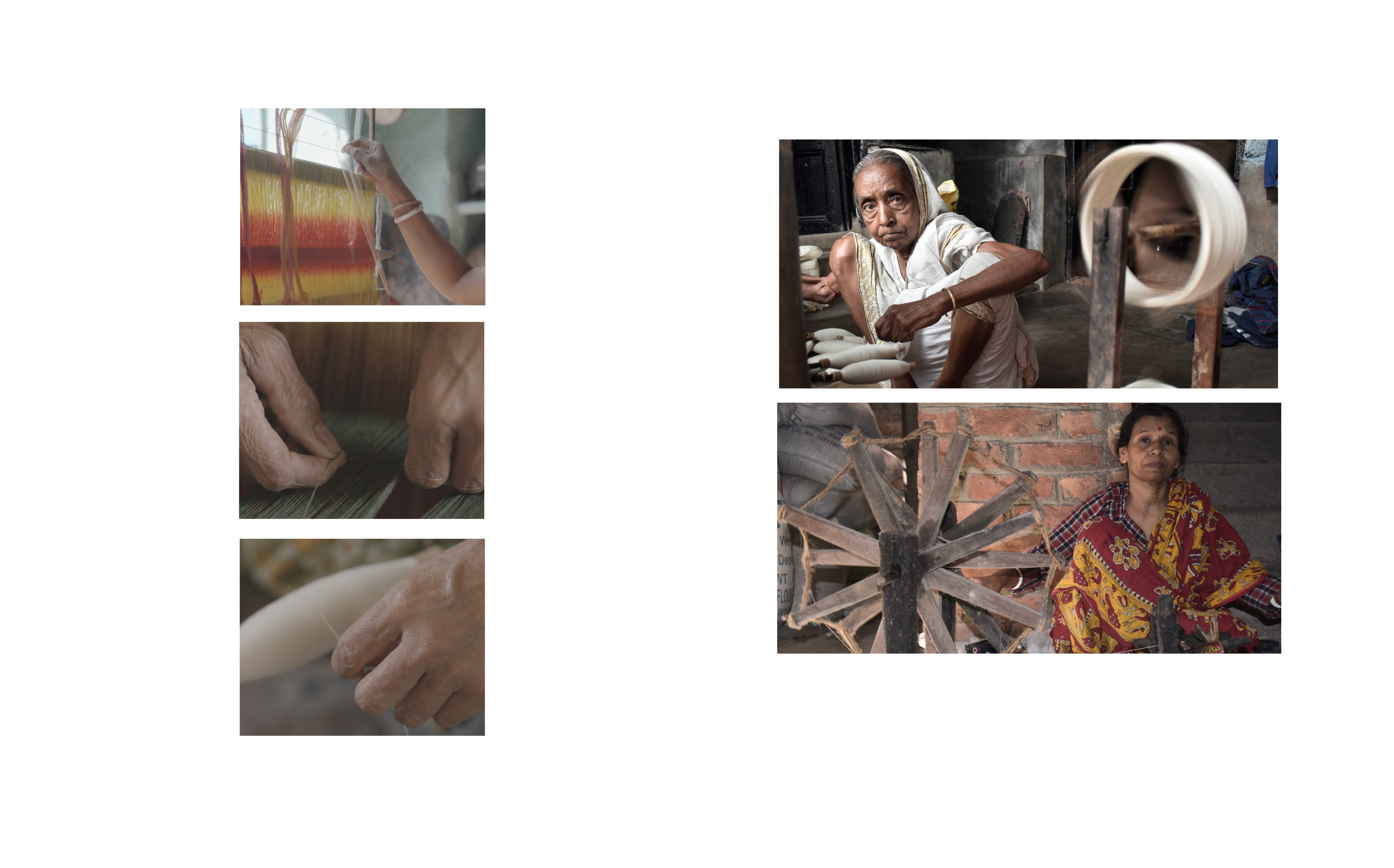 An elderly woman spinning thread on a traditional charkha wheel, alongside close-up shots of hands weaving and preparing colorful textiles on a loom.