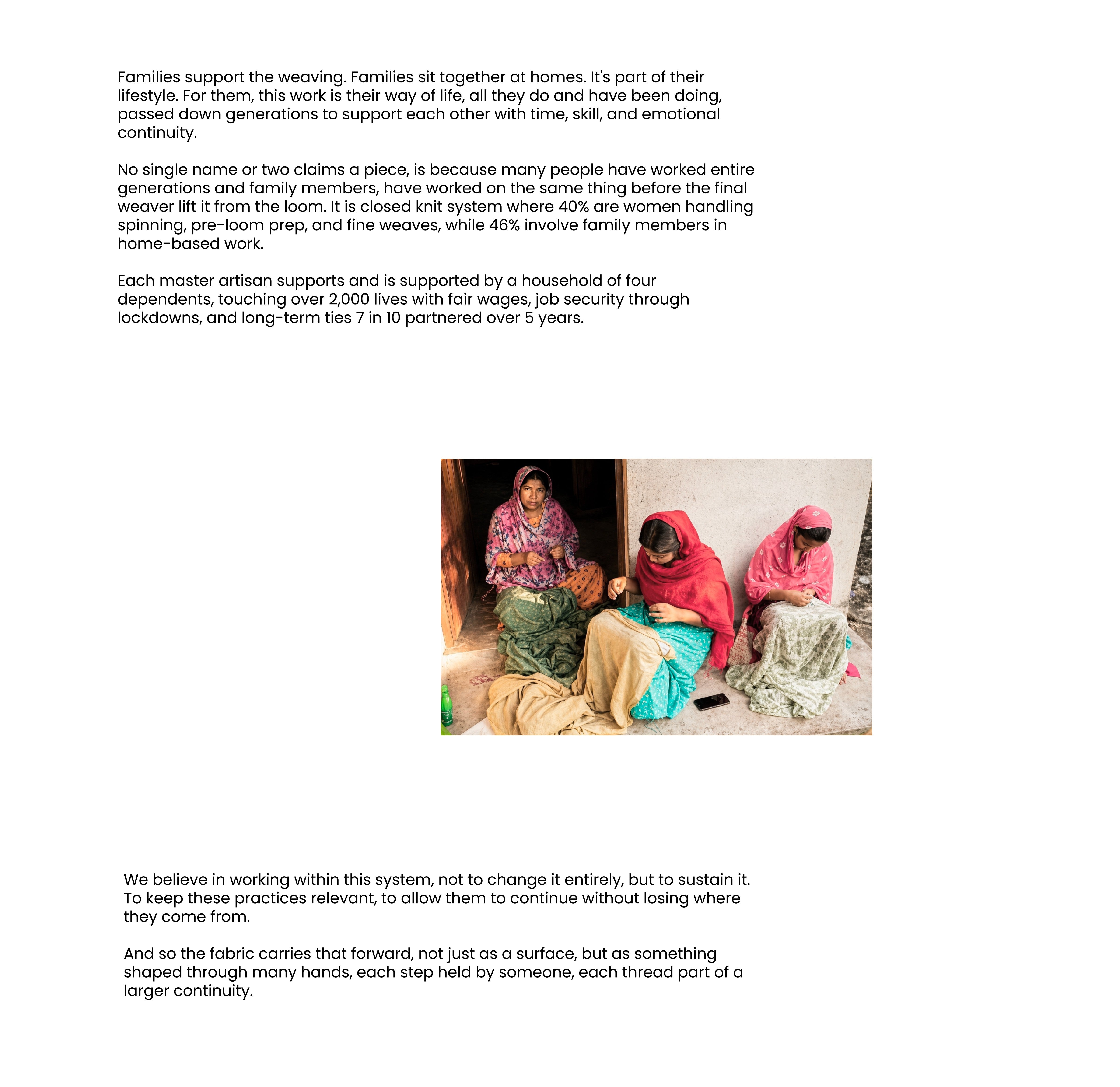 Three women working on fabric at a loom with text overlay