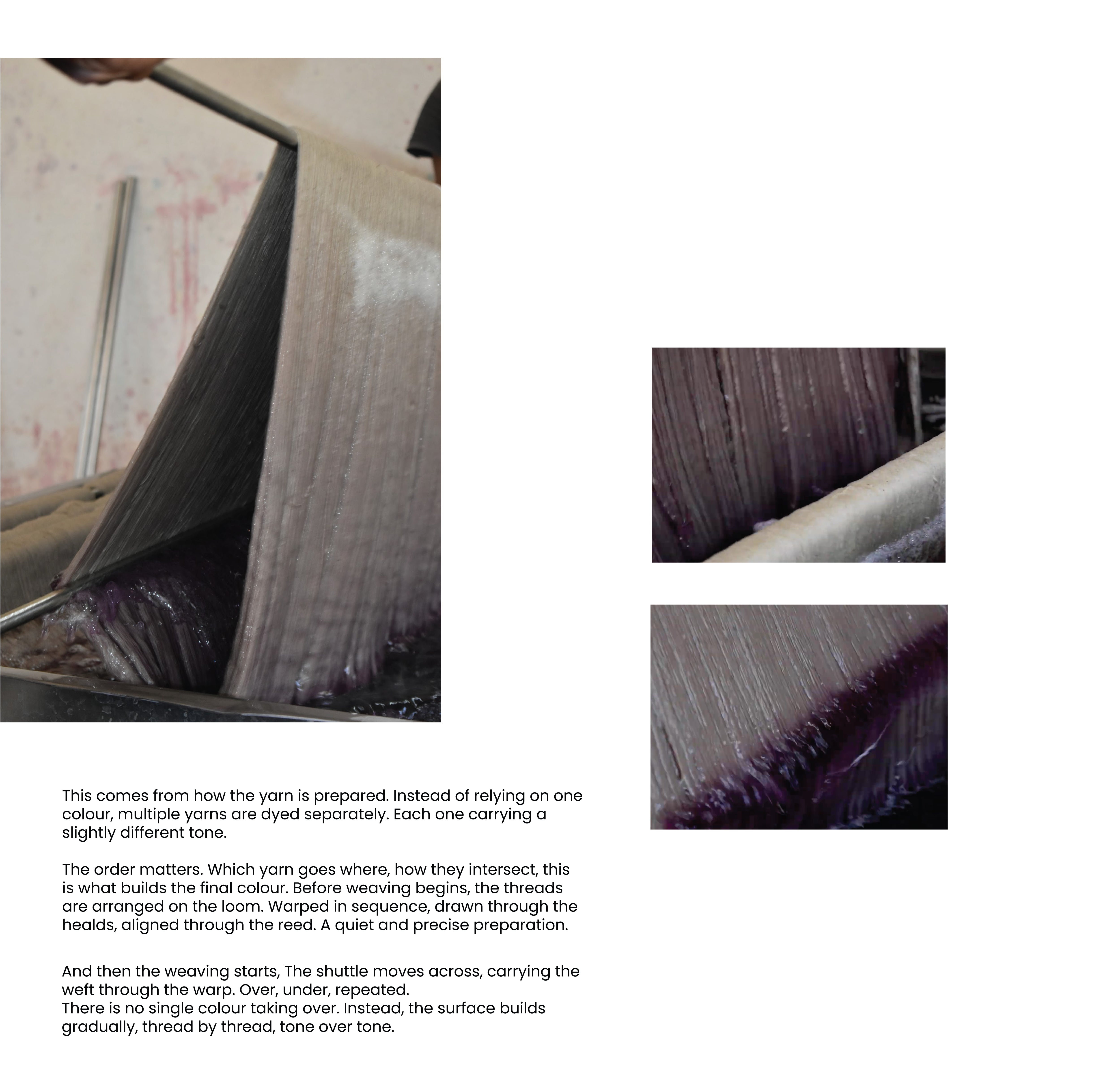 Text on fabric production with close-up images of yarn and weaving process.