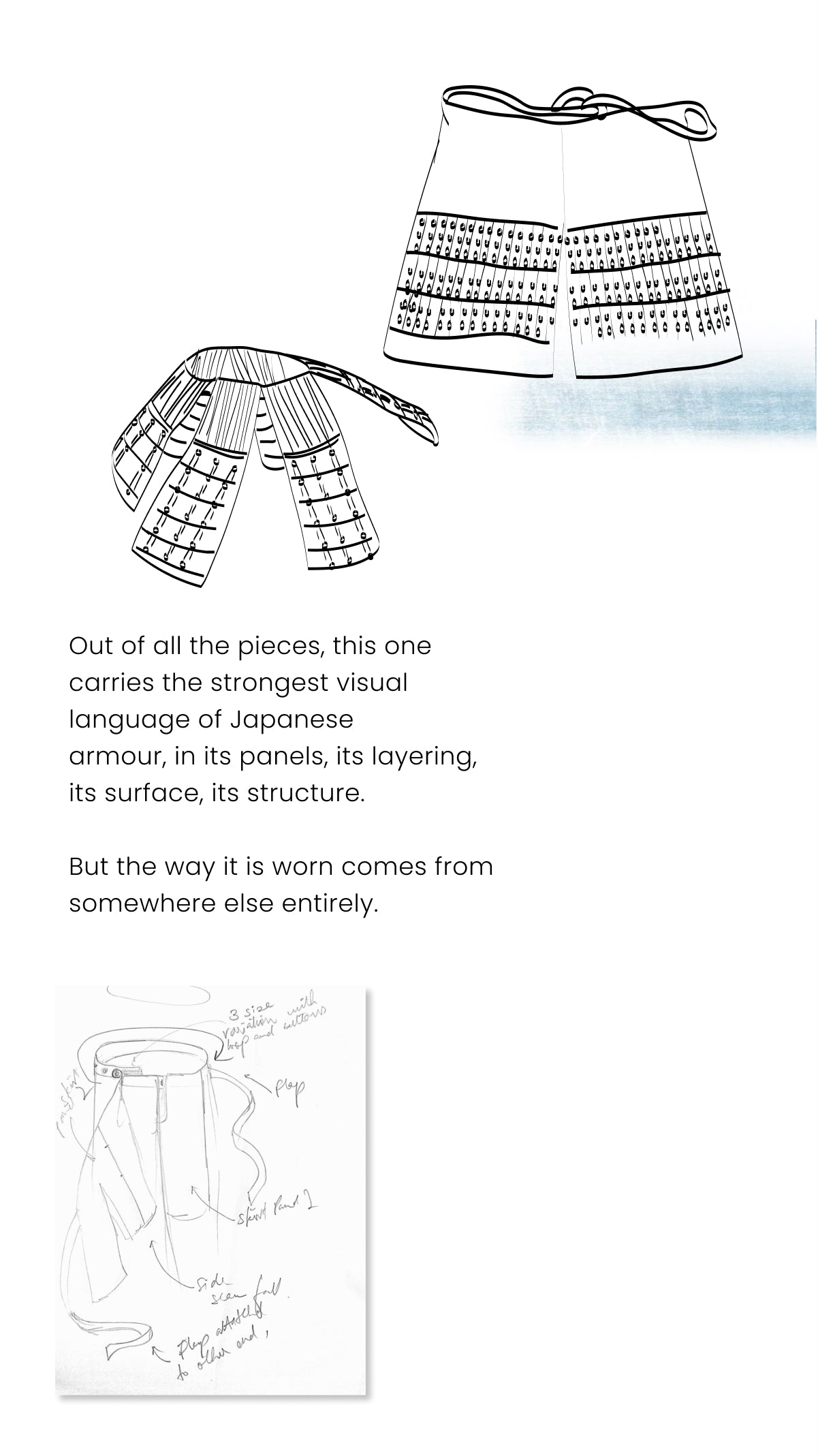 A page from a design analysis or fashion textbook comparing traditional Japanese samurai armor with modern garment construction.