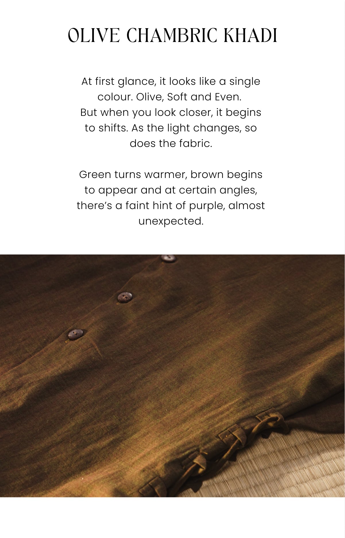 Olive chambric khadi fabric with text describing its color shift and texture.