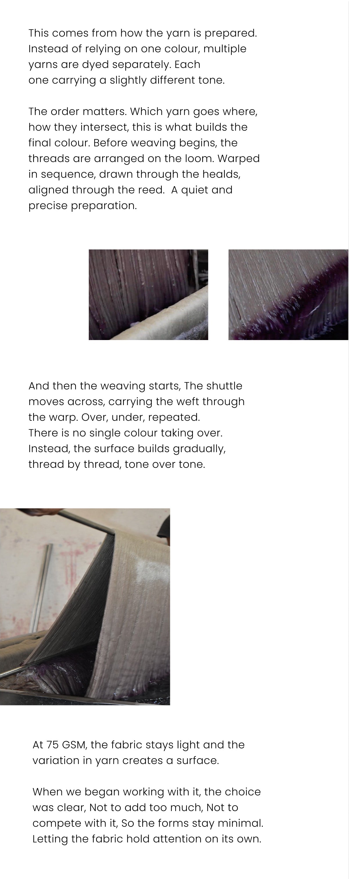 Text description of fabric weaving process with images of fabric and loom.