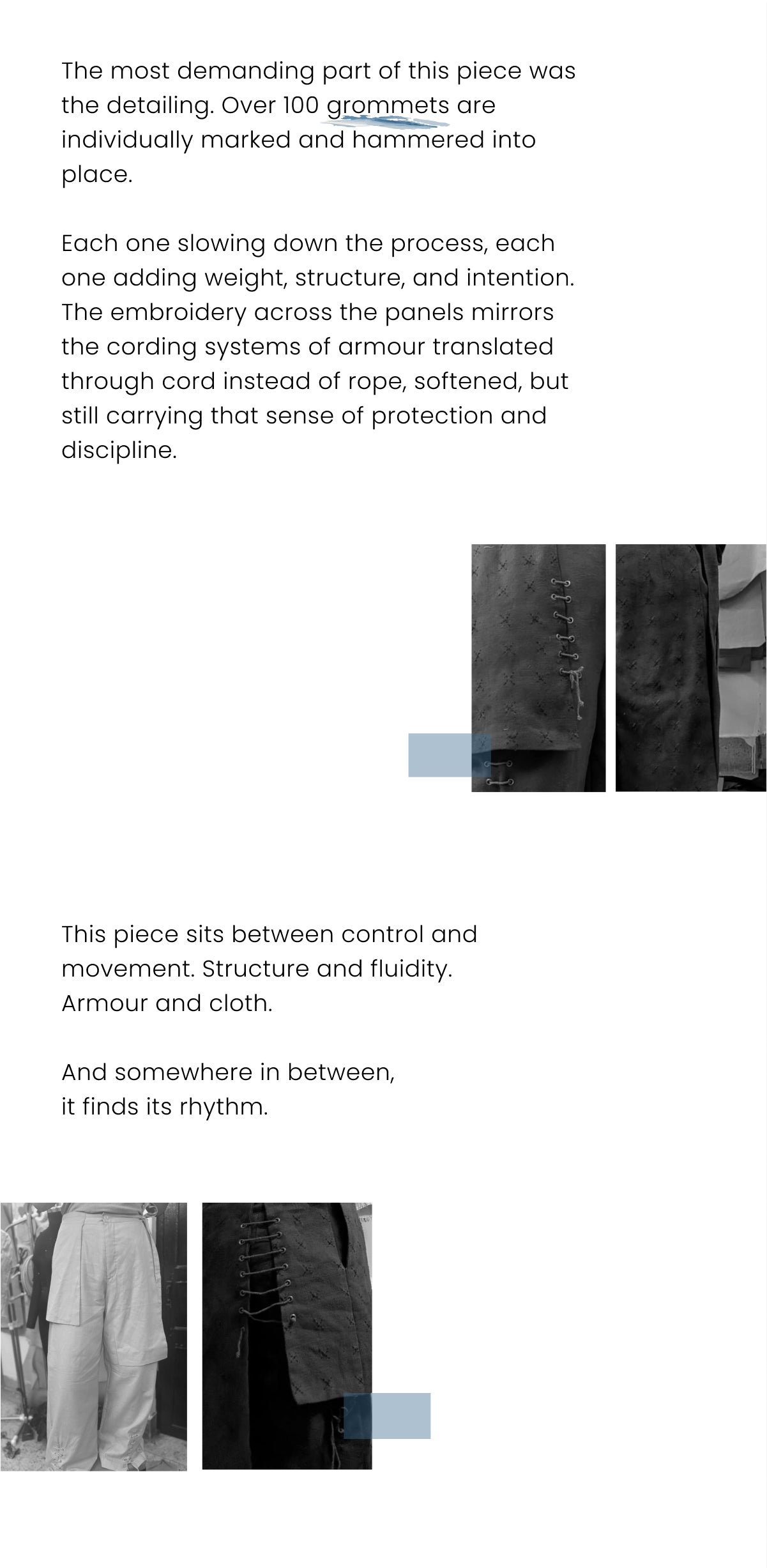A collage featuring minimalist, poetic text about the design process of a garment, interspersed with black-and-white detail shots of clothing.