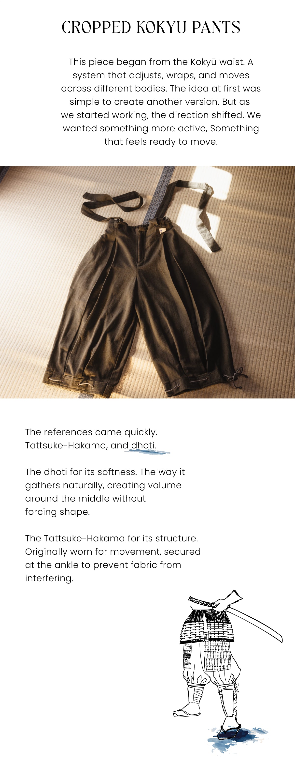 These are black, voluminous cropped pants inspired by traditional Japanese Hakama and Indian Dhoti styles.