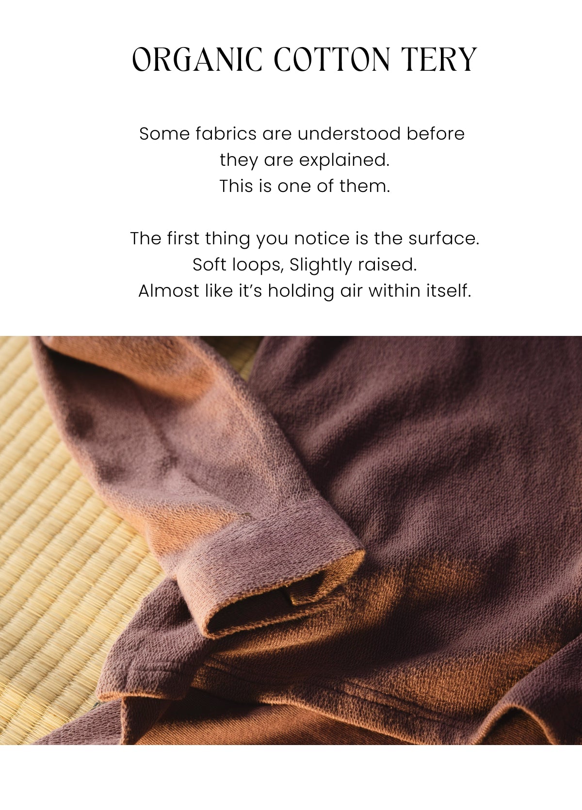 Brown fabric with text about organic cotton on a white background