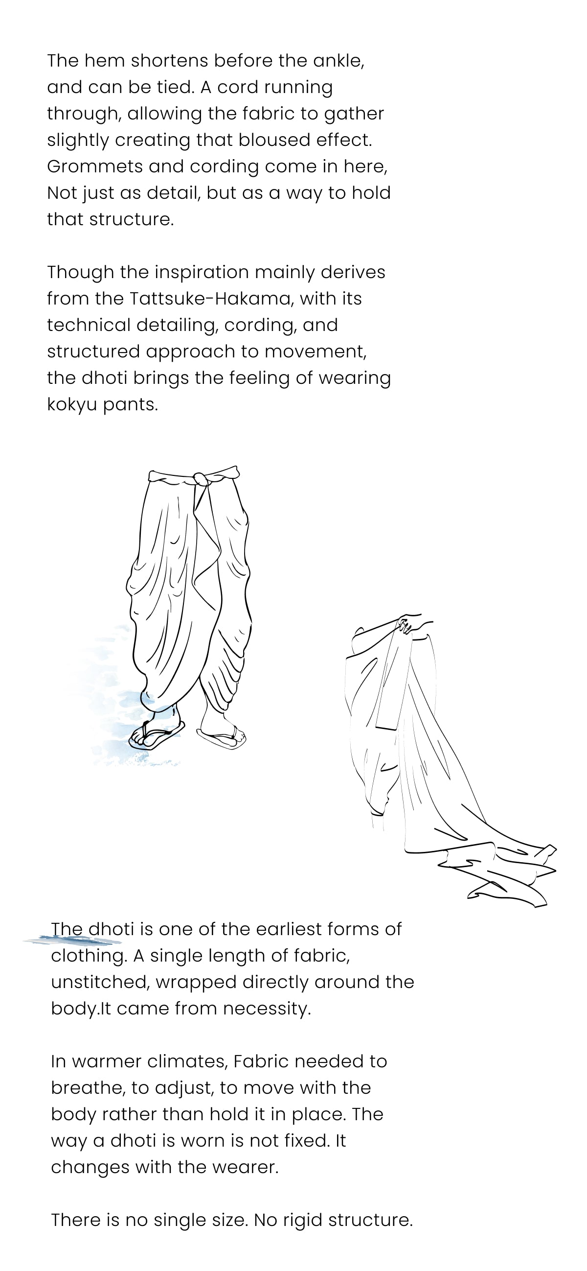 Sketch-style illustration of dhoti-style trousers with accompanying text describing their design, inspiration from Tattsuke-Hakama, and historical origins as a single, unstitched length of fabric.