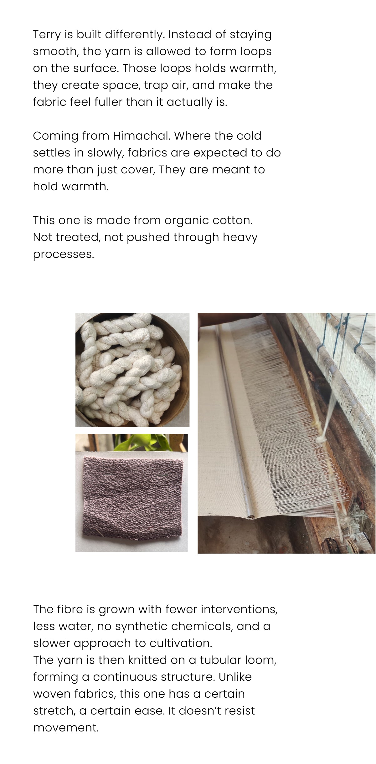 Text description of fabric properties and organic cotton production with images of yarn and fabric.