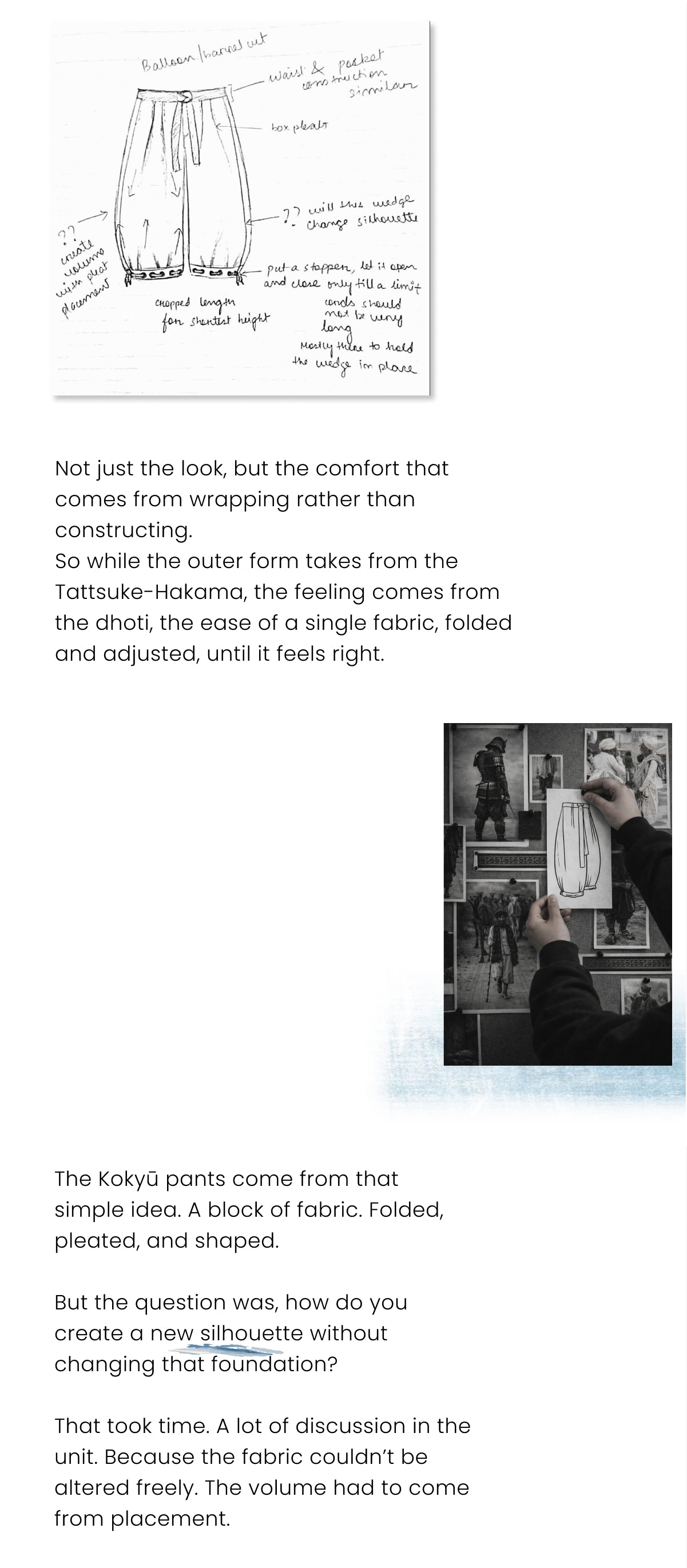 An image combining hand-drawn sketches, descriptive text, and a photograph detailing the design concept of the "Kokyu pants." The content highlights a fusion of traditional Tattsuke-hakama and dhoti styles, focusing on creating a new silhouette through folding and pleating rather than altering the fabric.