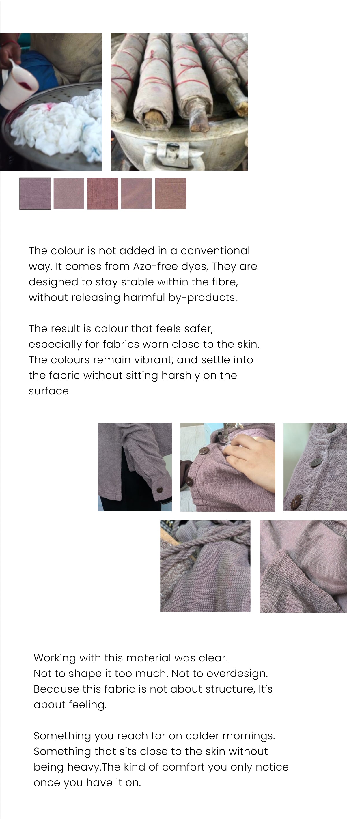 Text and images describing a fabric with Azo-free dyes, showing texture and color.