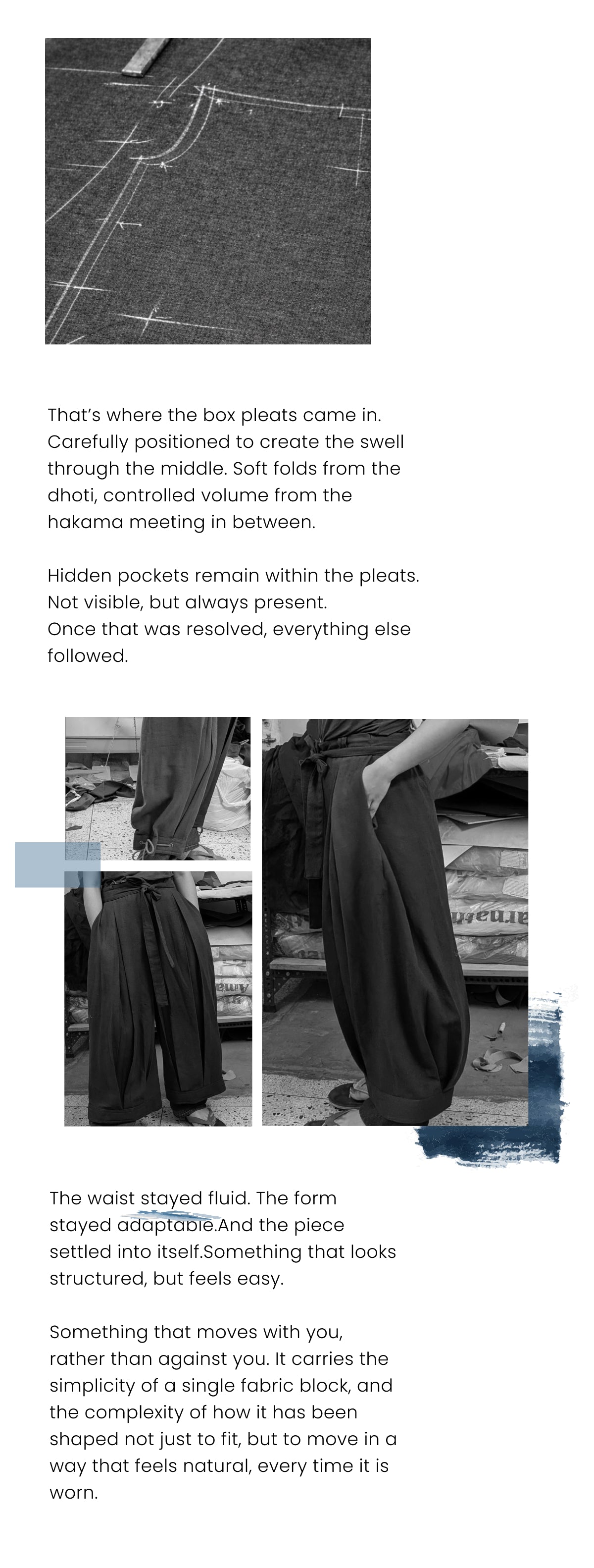 This image describes the design and construction of box-pleated trousers.