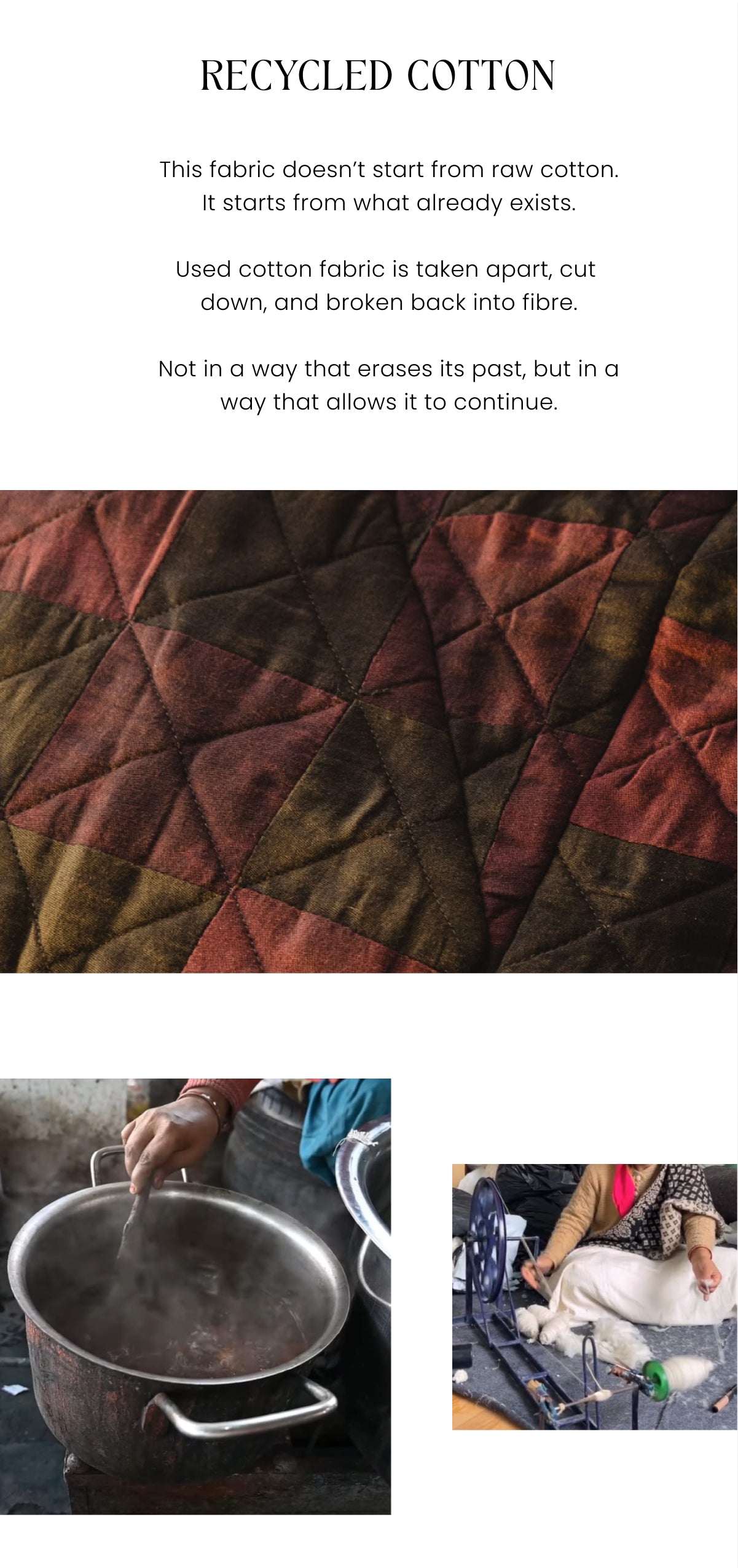 Text about recycled cotton with fabric texture and industrial images.