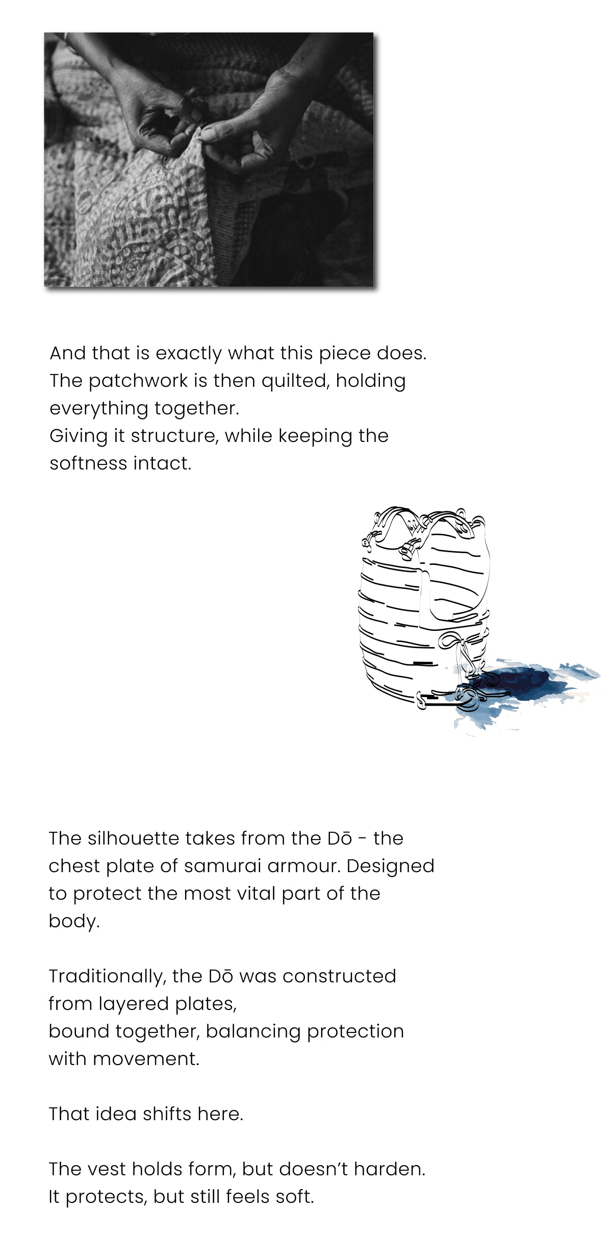 This image describes a vest designed with inspiration from traditional Japanese samurai armor.