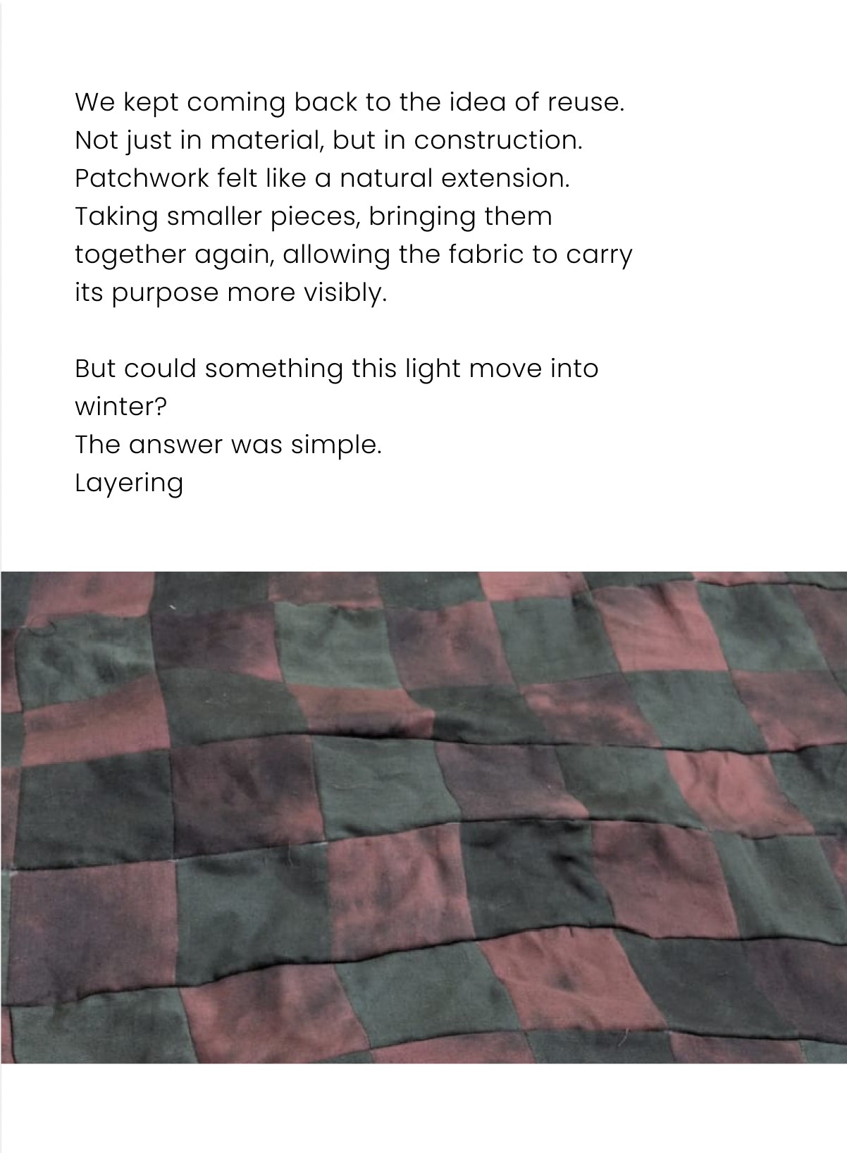 Text about reuse and patchwork design, with a fabric patchwork pattern at the bottom.
