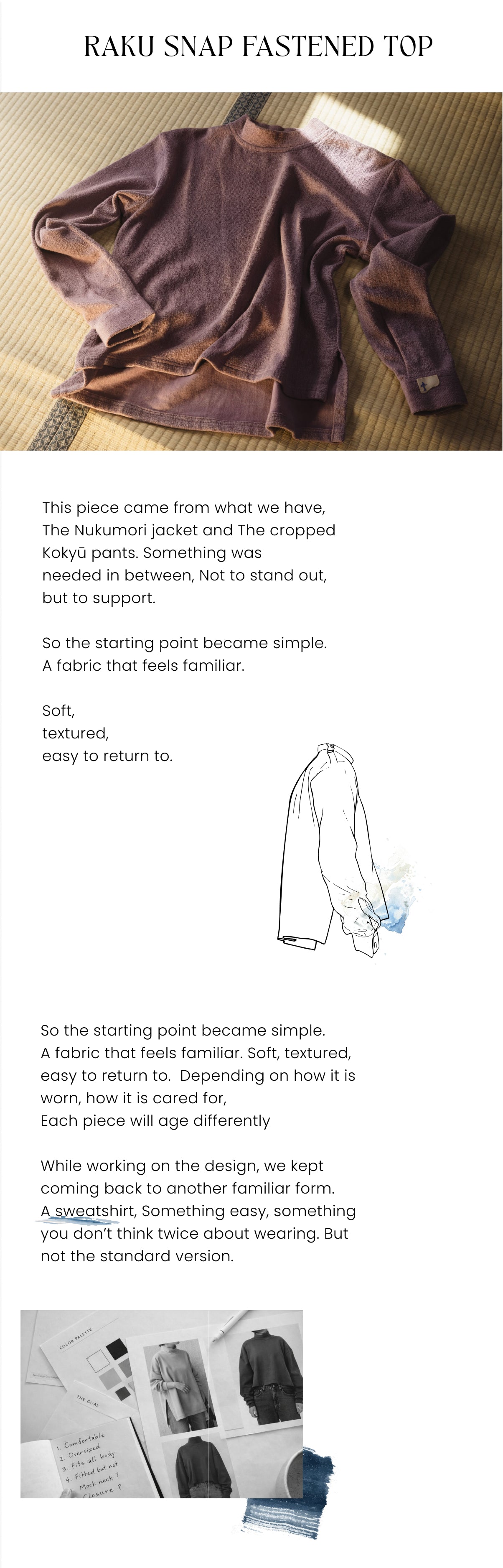 An image from a design catalog featuring a long-sleeved, textured brown shirt laid flat on a woven mat, accompanied by a minimalist line drawing of the shirt's side profile and descriptive design notes.