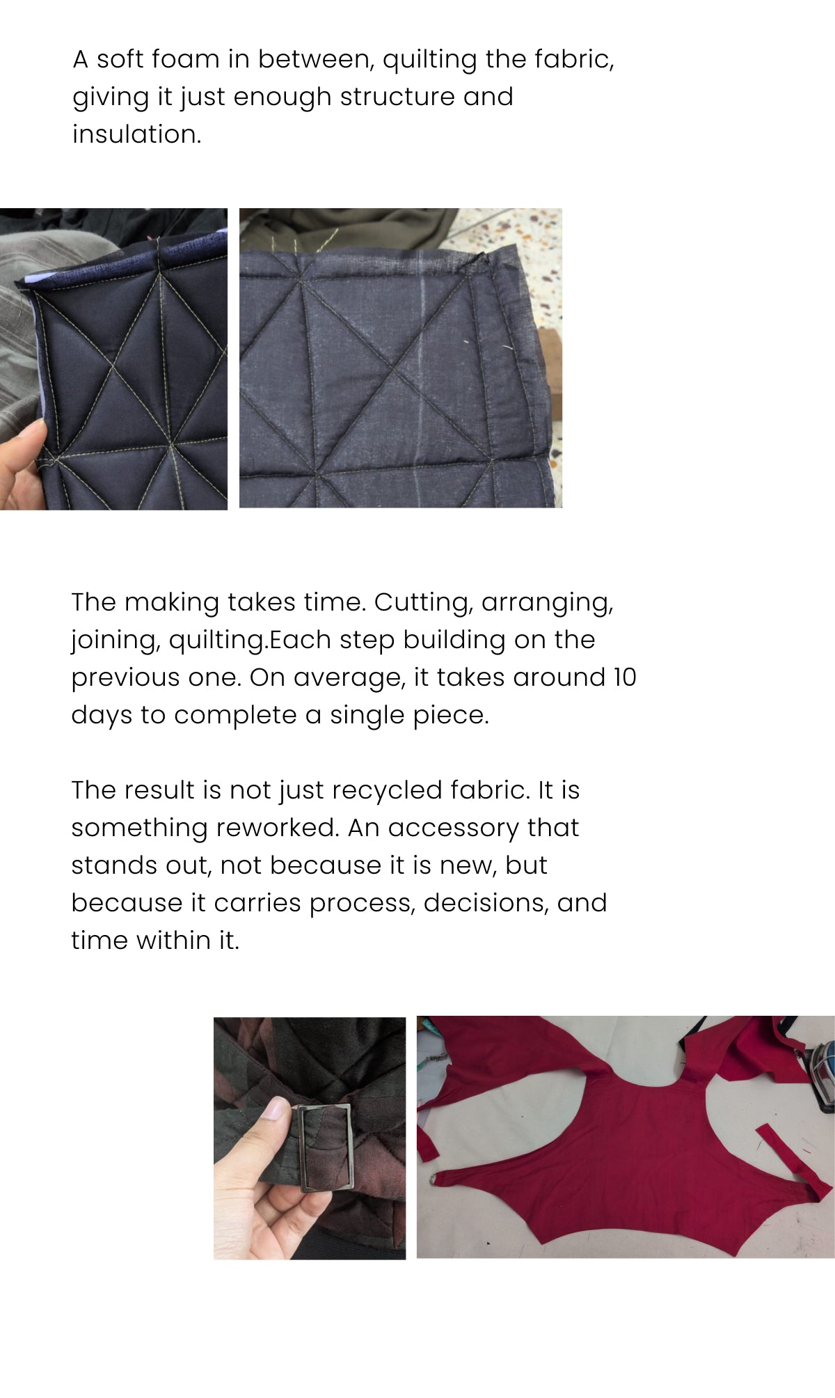 Text description of fabric quilting process with images of fabric pieces.
