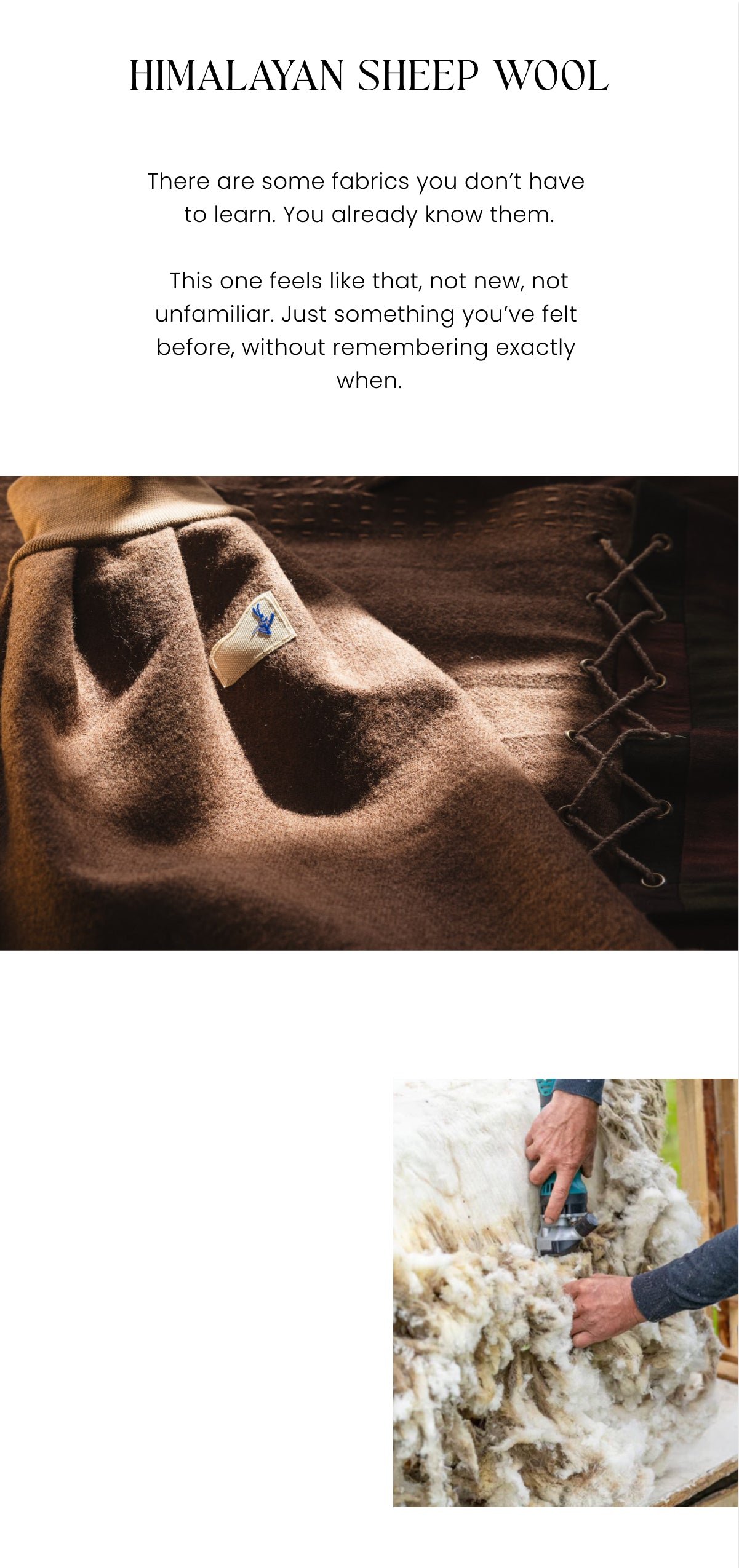 Himalayan sheep wool product with text and images of a brown fabric and shearing process.