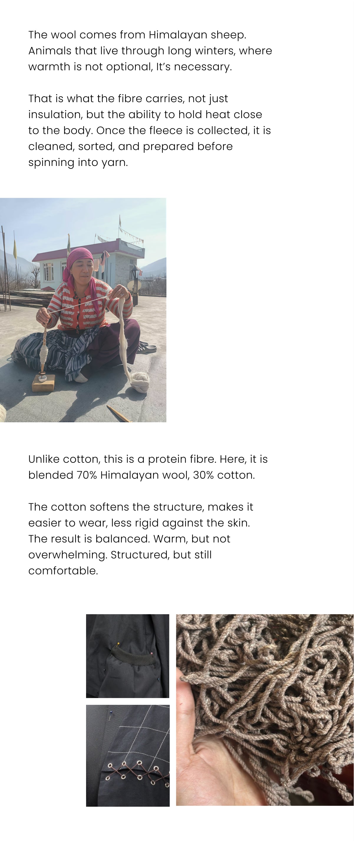 Text and images about Himachal Pradesh wool from sheep, including a person wearing a striped sweater and a close-up of wool.