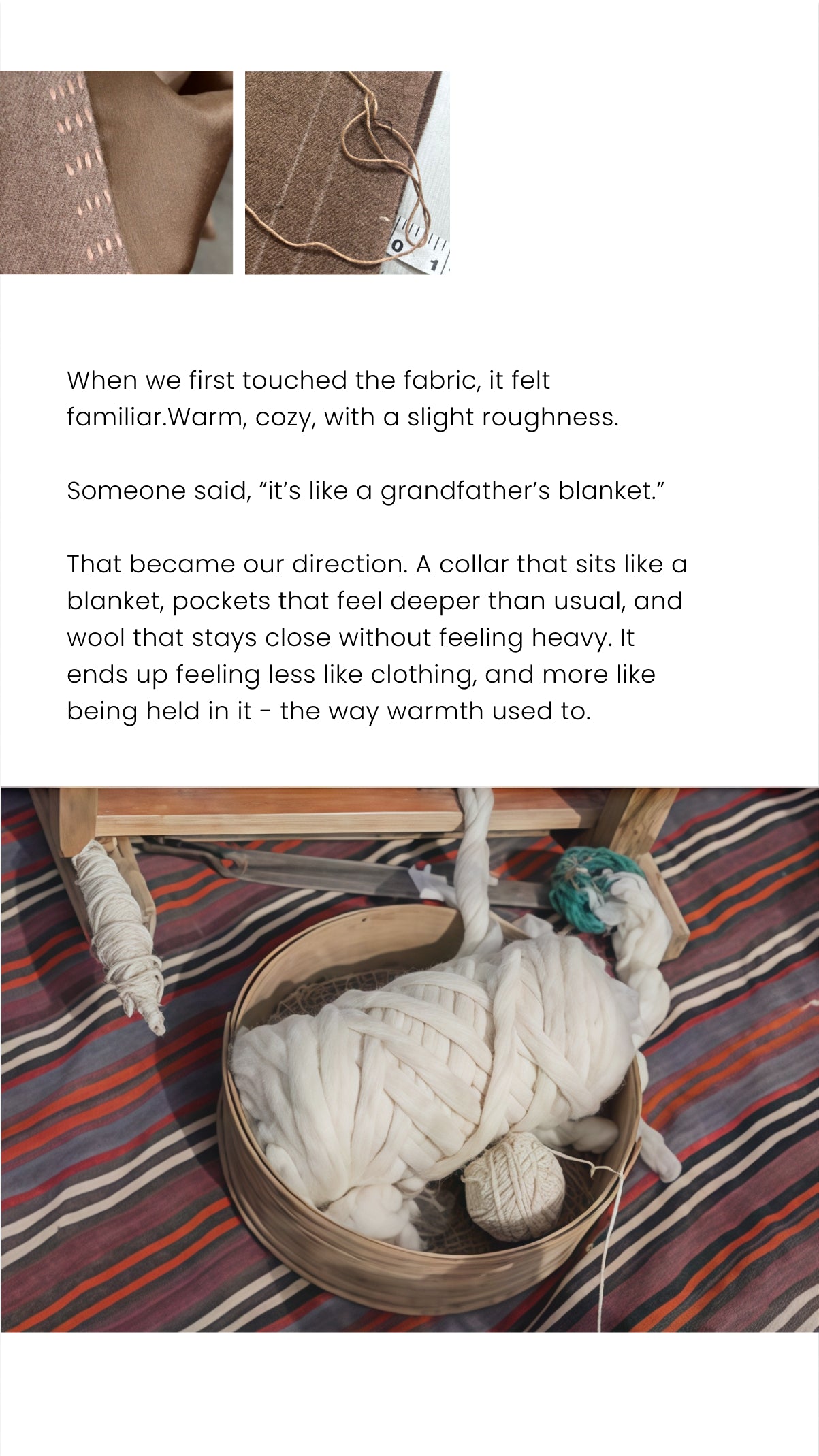 Text description of a textured fabric and a baby wearing a knitted outfit on a striped blanket.