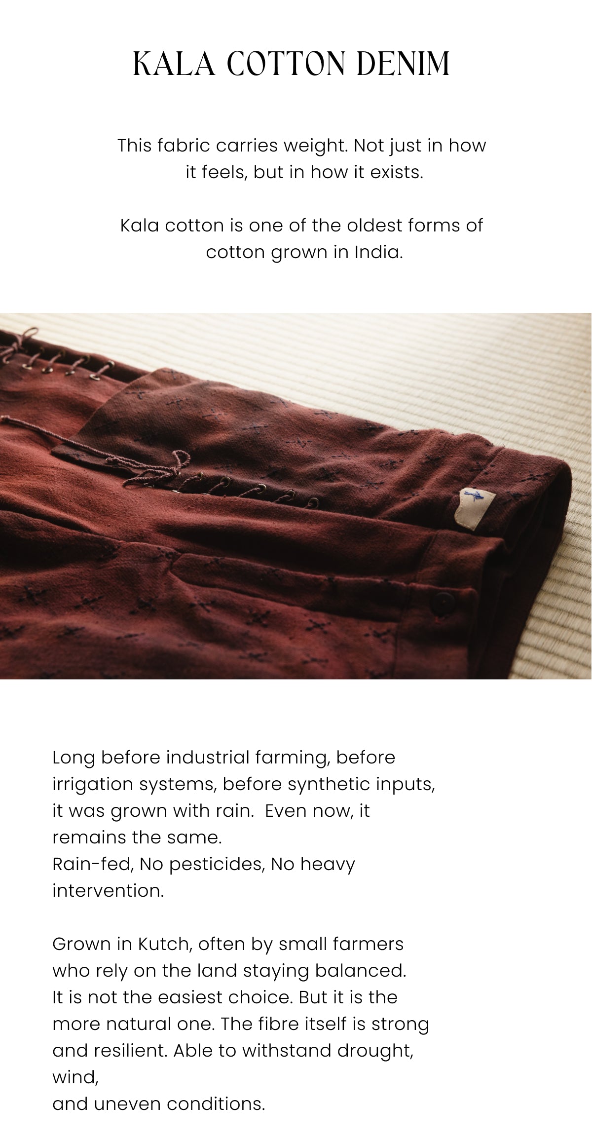 Brown denim fabric with text about Kala cotton on a white background