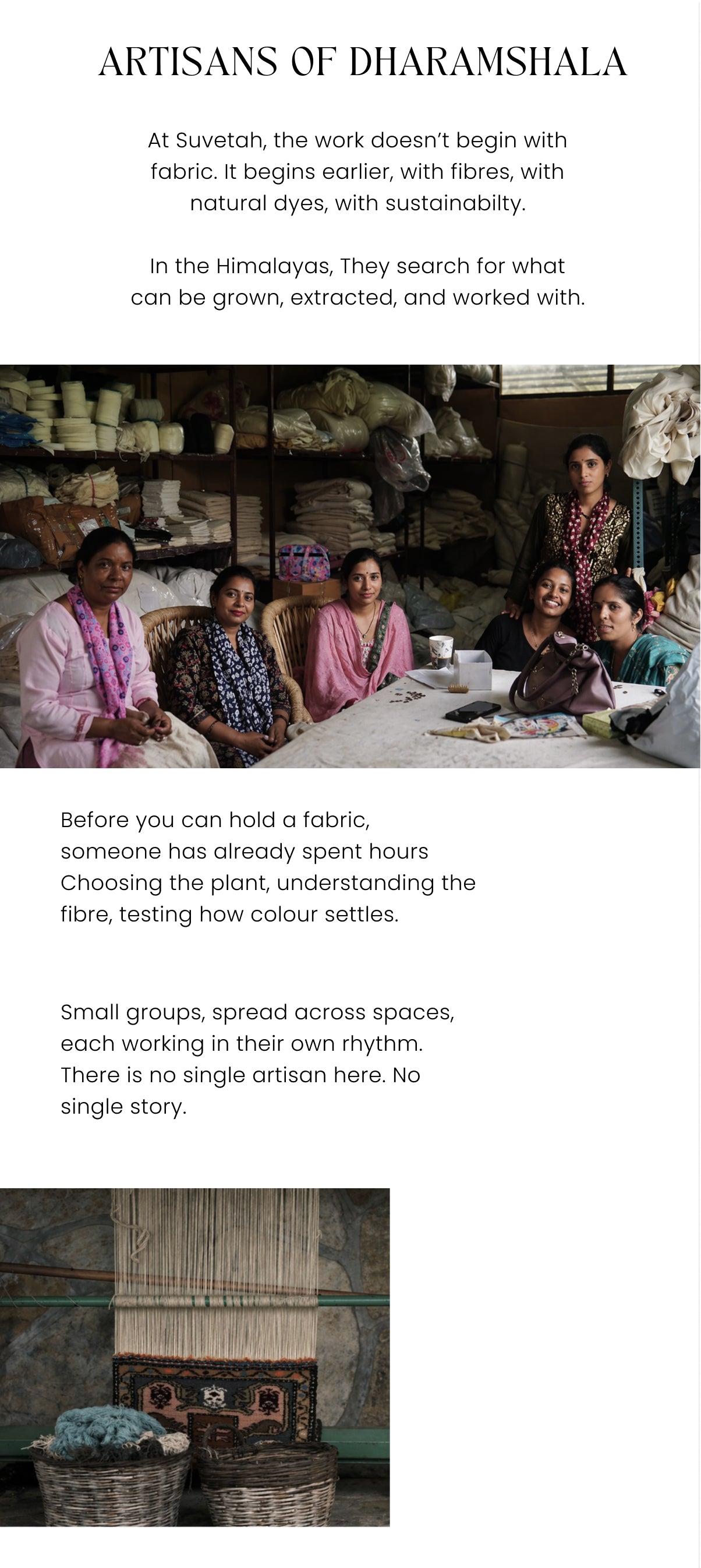 This image showcases a promotional panel for Suvetah, a company dedicated to sustainable textiles created by artisans in Dharamshala.
