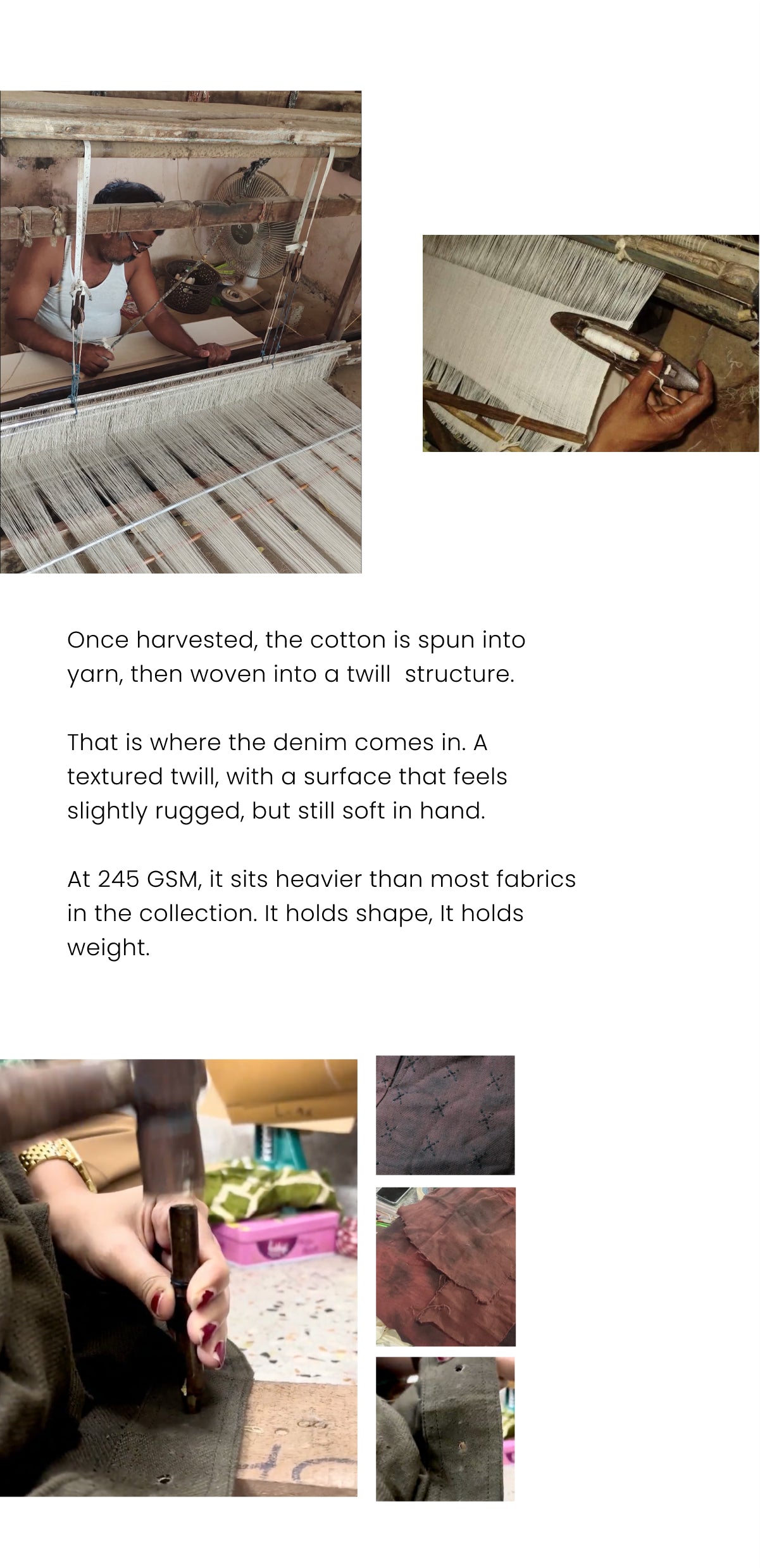 Text about cotton harvesting, spinning, weaving, and denim fabric properties with images of a person working with fabric.