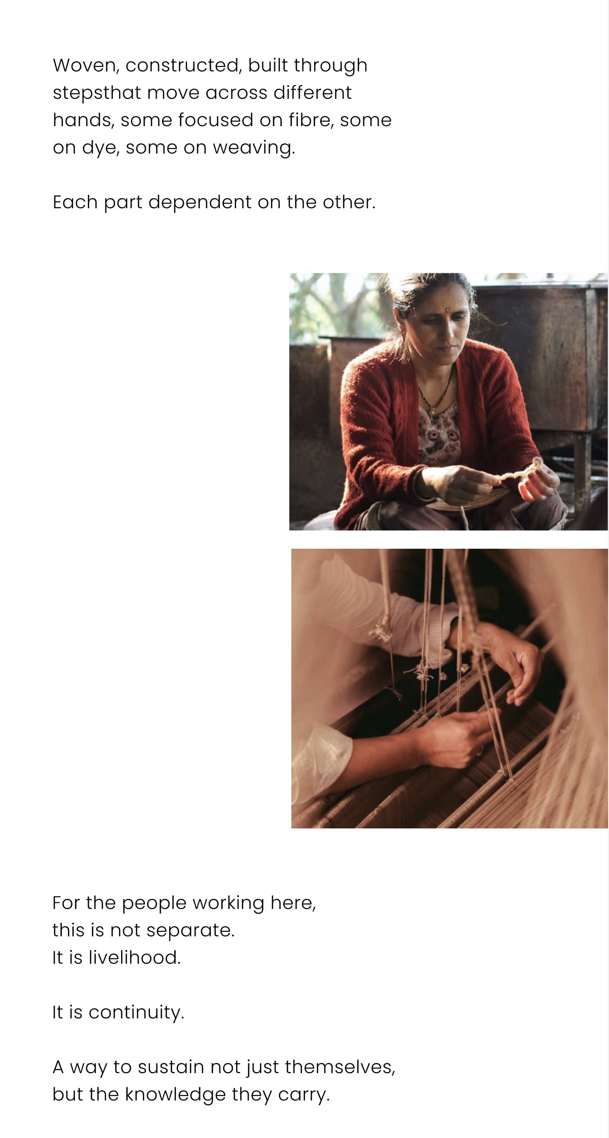 Woman weaving with text about the process and significance of weaving.