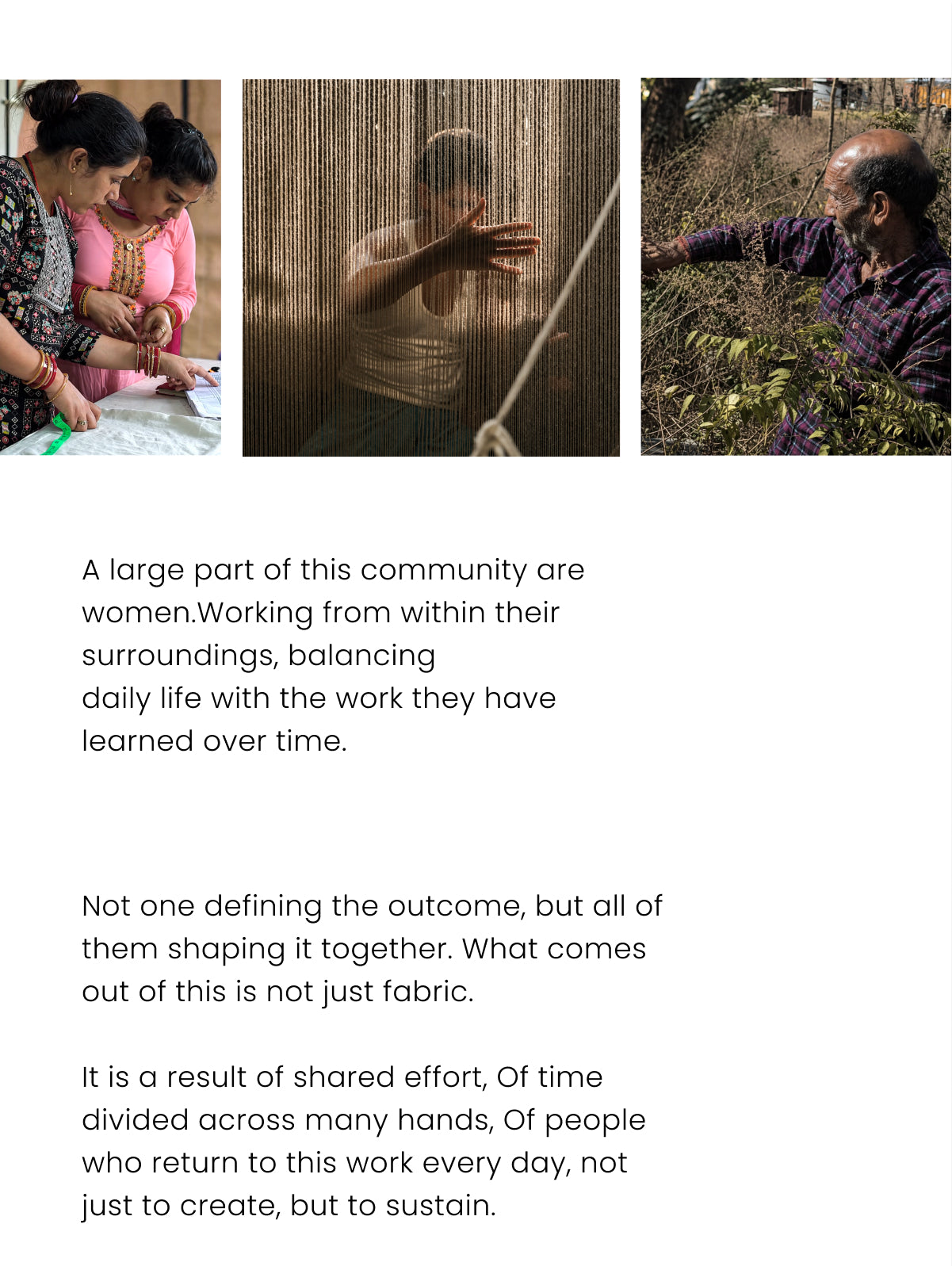 This image highlights the community-based efforts of artisans, likely in a fair trade context, who balance traditional craftsmanship with daily life.
