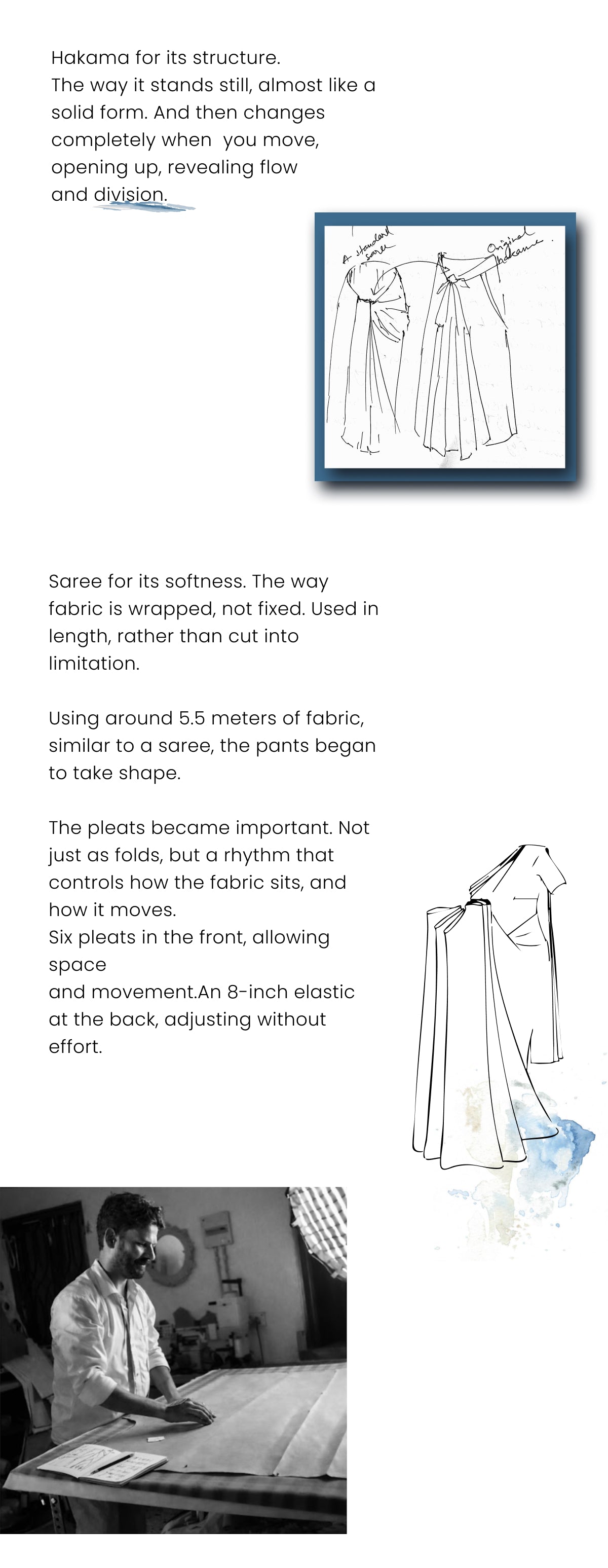 An image featuring text and illustrations about garment design, specifically focusing on the structure and movement of Hakama pants.