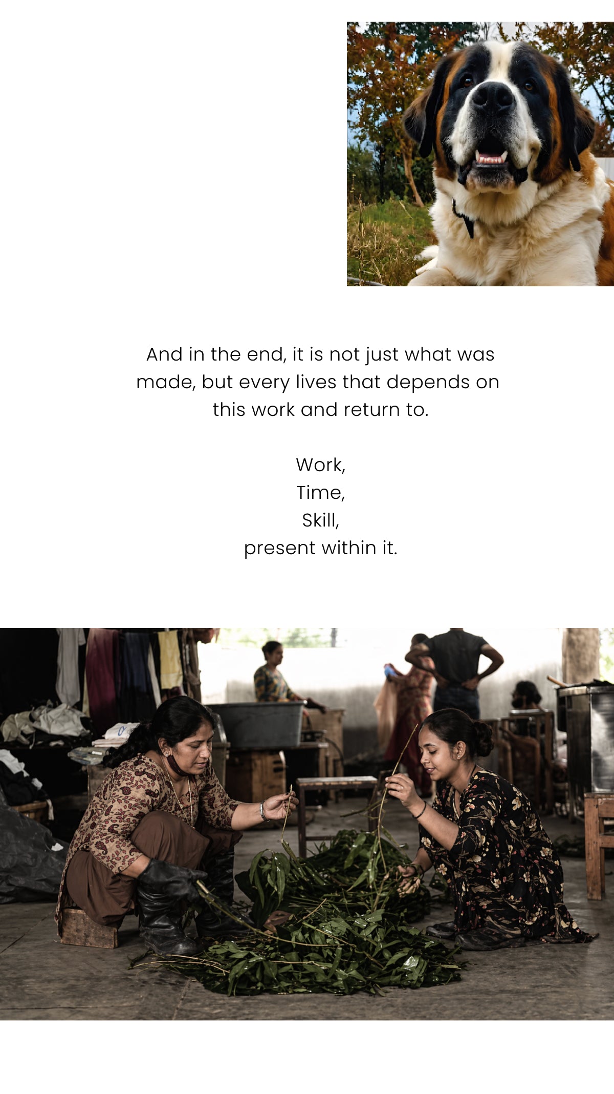 This image shows a scene highlighting artisan craftwork alongside a St. Bernard dog.