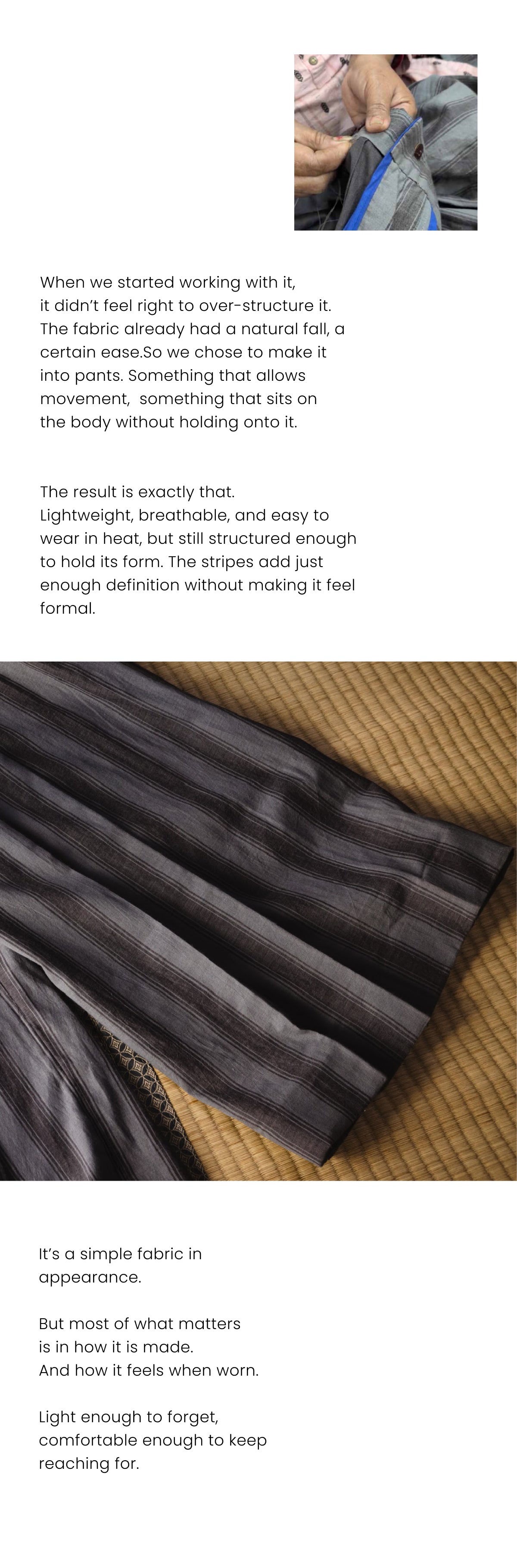 Text description of fabric properties with a close-up of gray fabric on a textured surface.