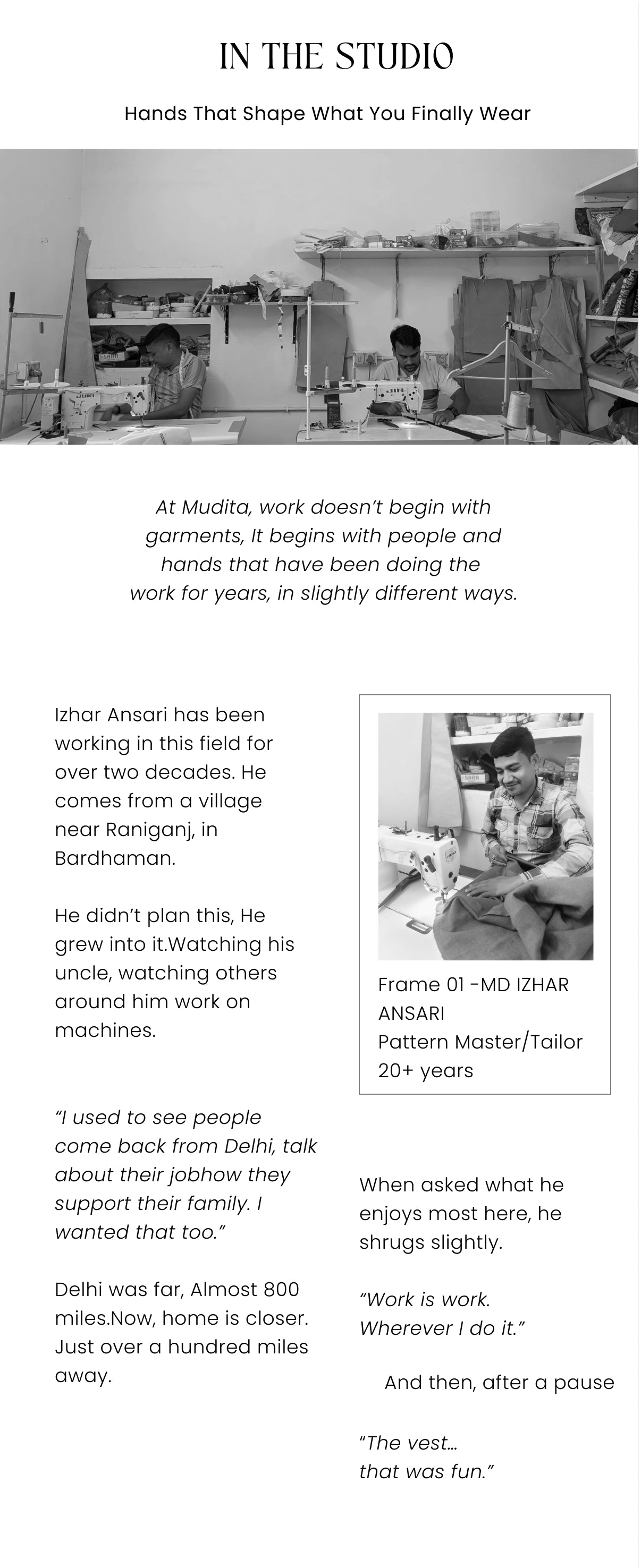 The article is titled 'IN THE STUDIO: Hands That Shape What You Finally Wear' and features black-and-white photos of a garment studio along with a text profile of a pattern master named Miznar Ansari.