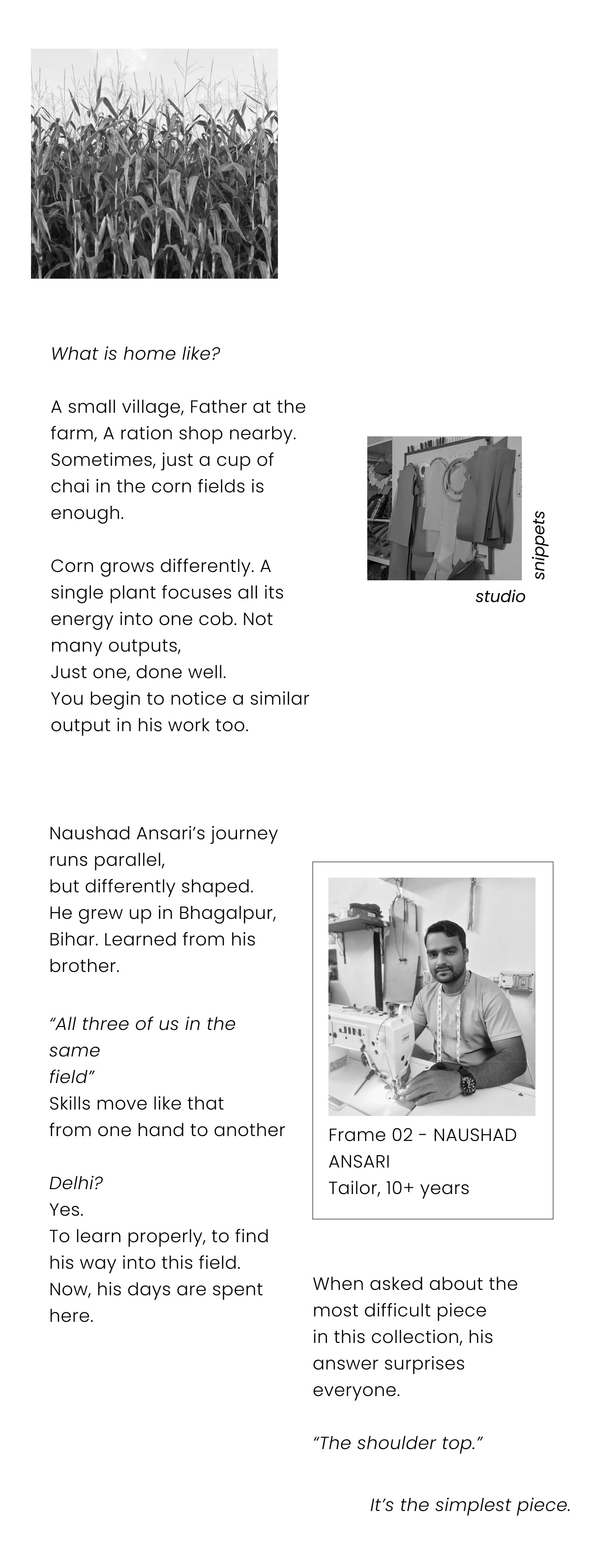 This image to a promotional or documentary feature highlighting a tailor named Naushad Ansari from Bhagalpur, Bihar.