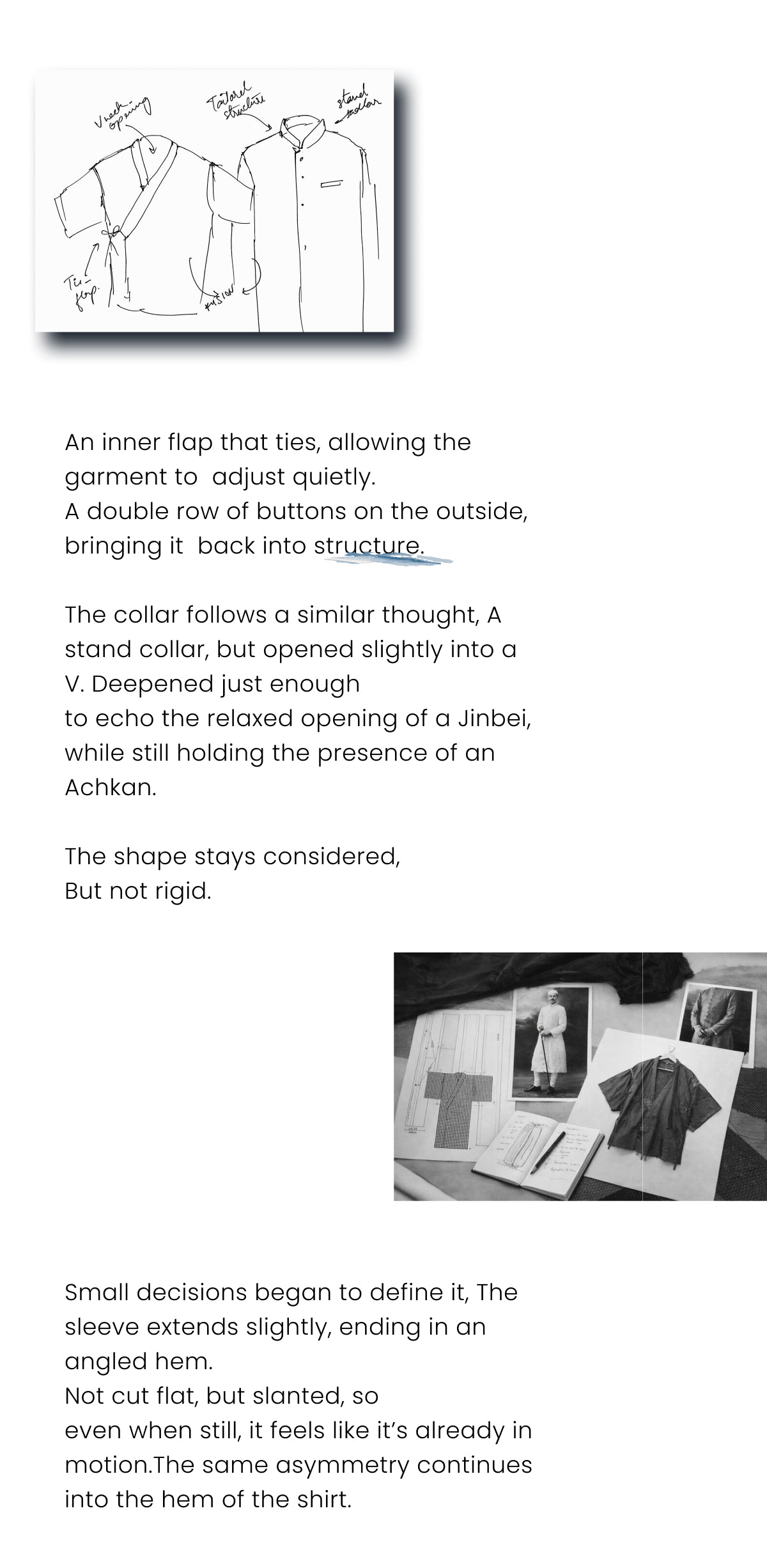 Based on the text and images provided, this garment appears to be a shirt design inspired by traditional Japanese jinbei and Indian achkan garments.