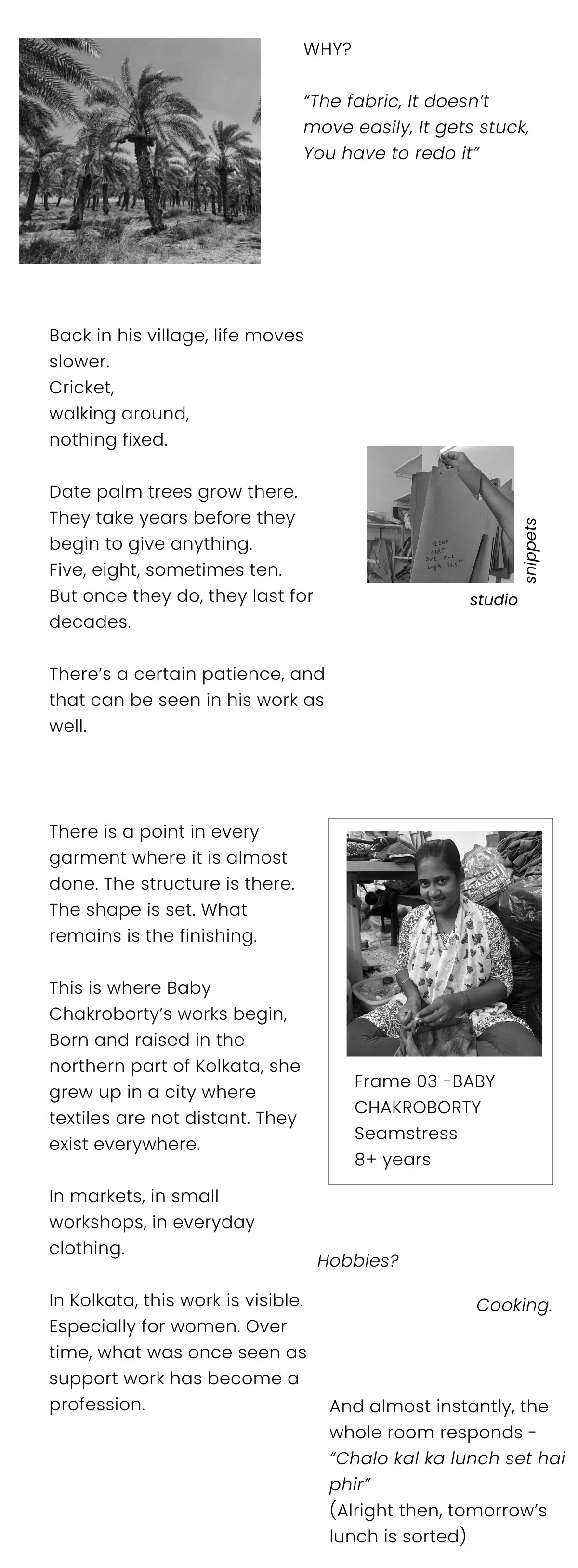 Text-based content with images of a village scene, a person, and a woman sitting.