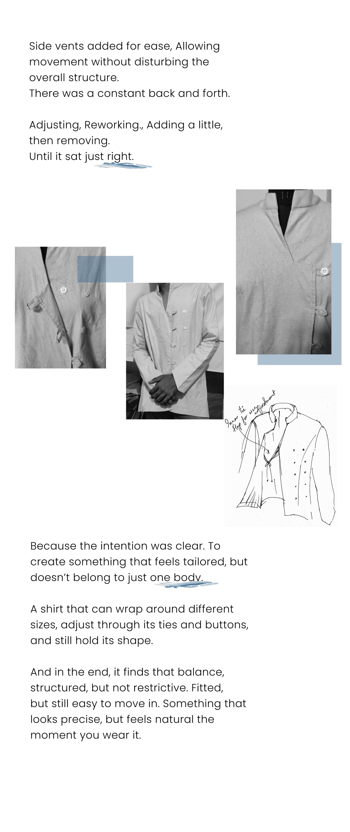 A grayscale mood board showcasing a minimalist, wrap-style shirt design. The image features several photographs of the garment on a mannequin and a person, alongside a technical fashion sketch.