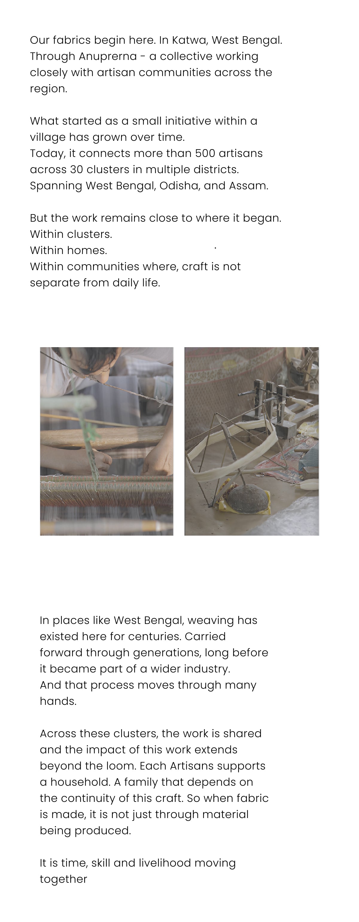 Text documenting the "Anuprema" collective in West Bengal, India. It features three sections of narrative text about a small village weaving initiative that has grown to support over 500 artisans across 20 clusters. In the center, two inset photographs depict hands operating traditional wooden looms and weaving tools.