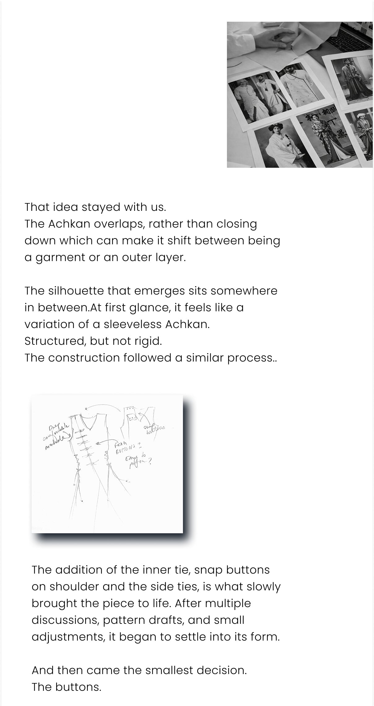 Text description of a garment design process with black and white illustrations and photos.