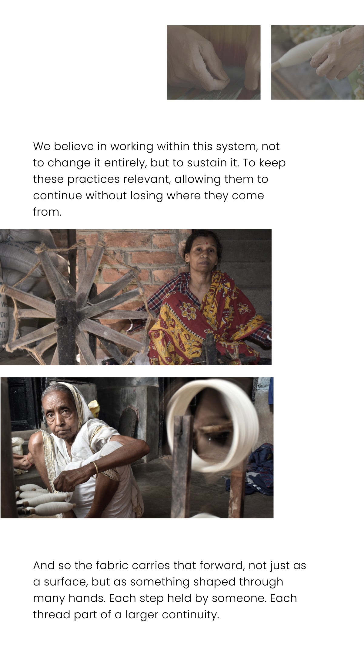 A vertically oriented graphic featuring four photographs of traditional fabric production alongside reflective text.
