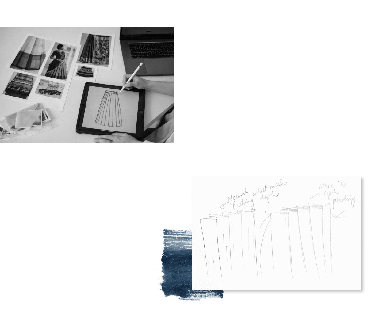 The image depicts a fashion designer working in their studio, likely using a tablet to create a digital illustration of a pleated garment.