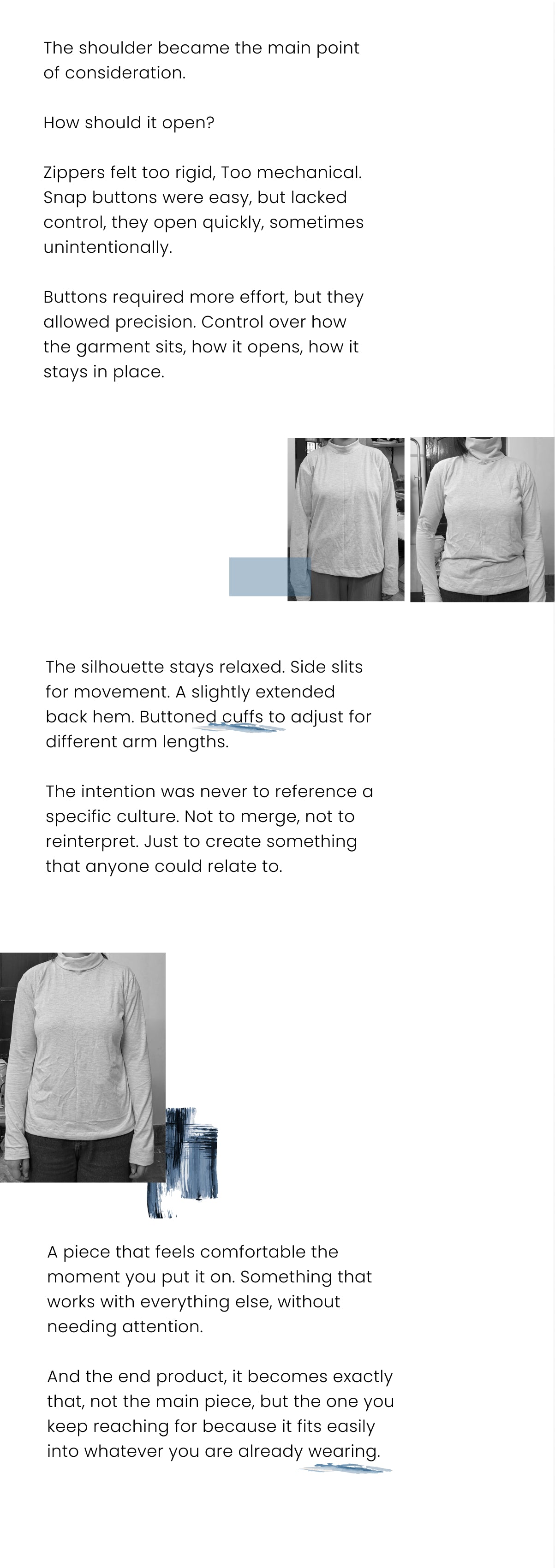 This document appears to be a design or product concept breakdown for a comfortable, versatile garment, possibly a long-sleeve top or light sweater, focusing on functional details and a relaxed silhouette.