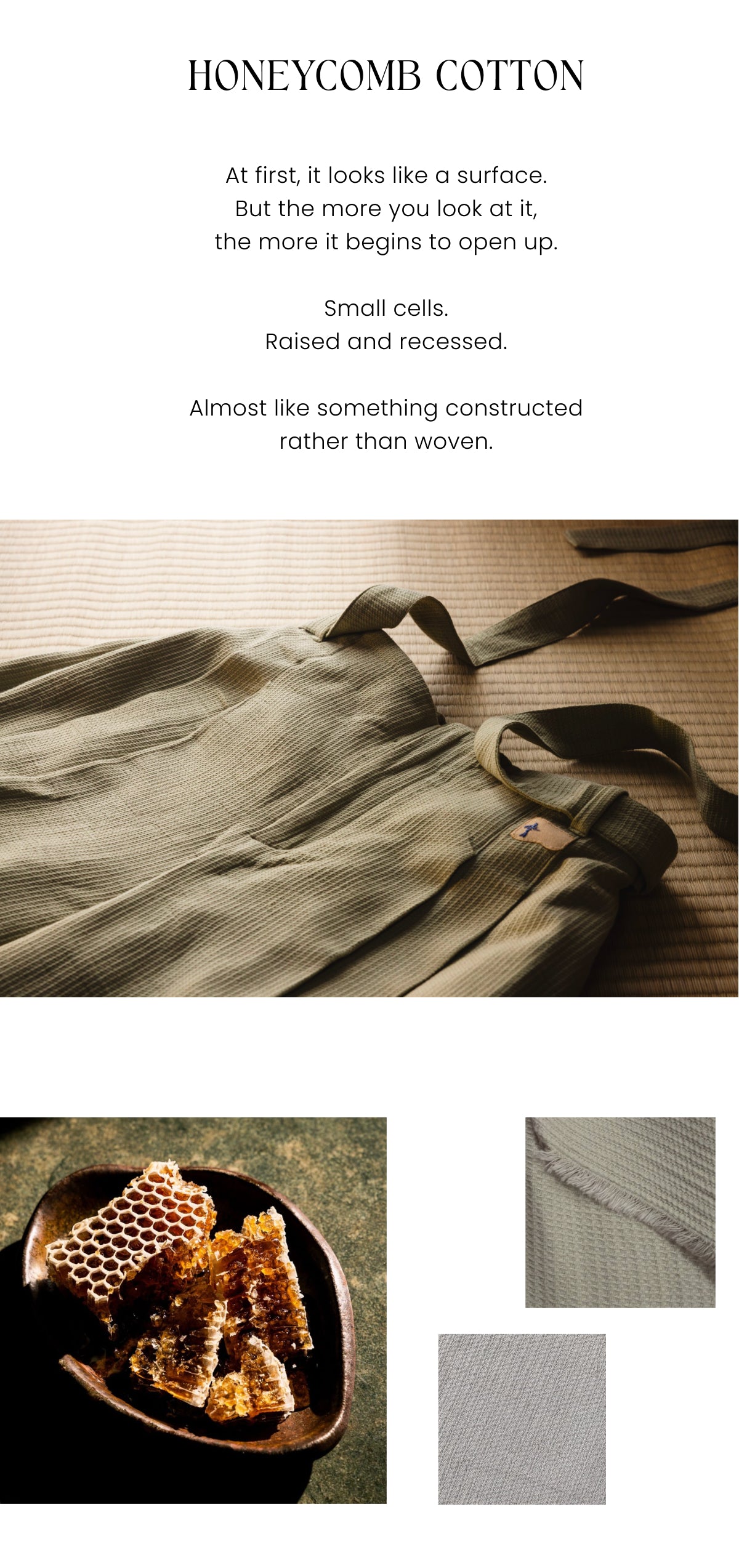 Text about honeycomb cotton with a close-up of fabric and honeycomb structure.