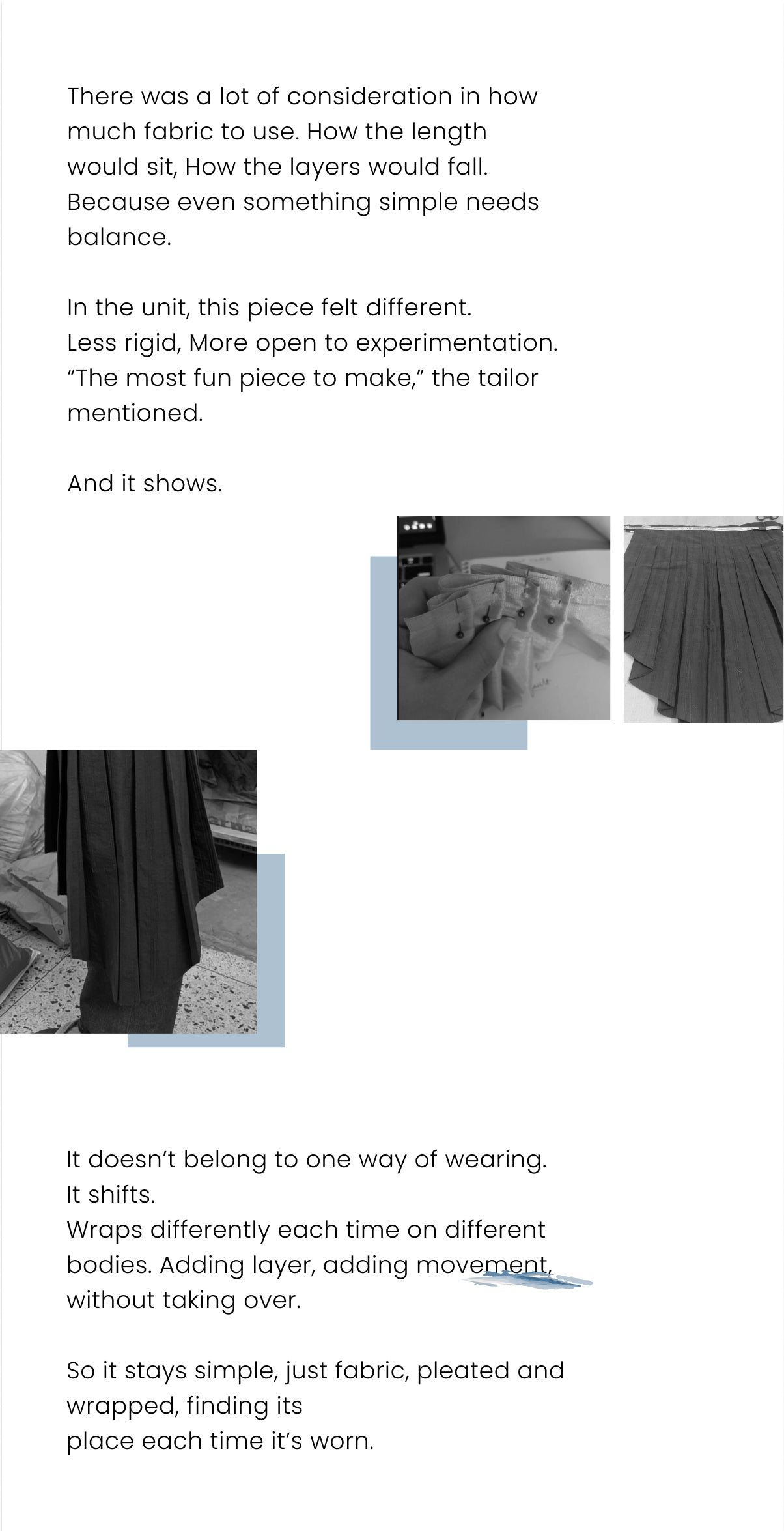 A vertical collage featuring black-and-white photos of a pleated, draped garment alongside poetic text describing its versatile design and construction.