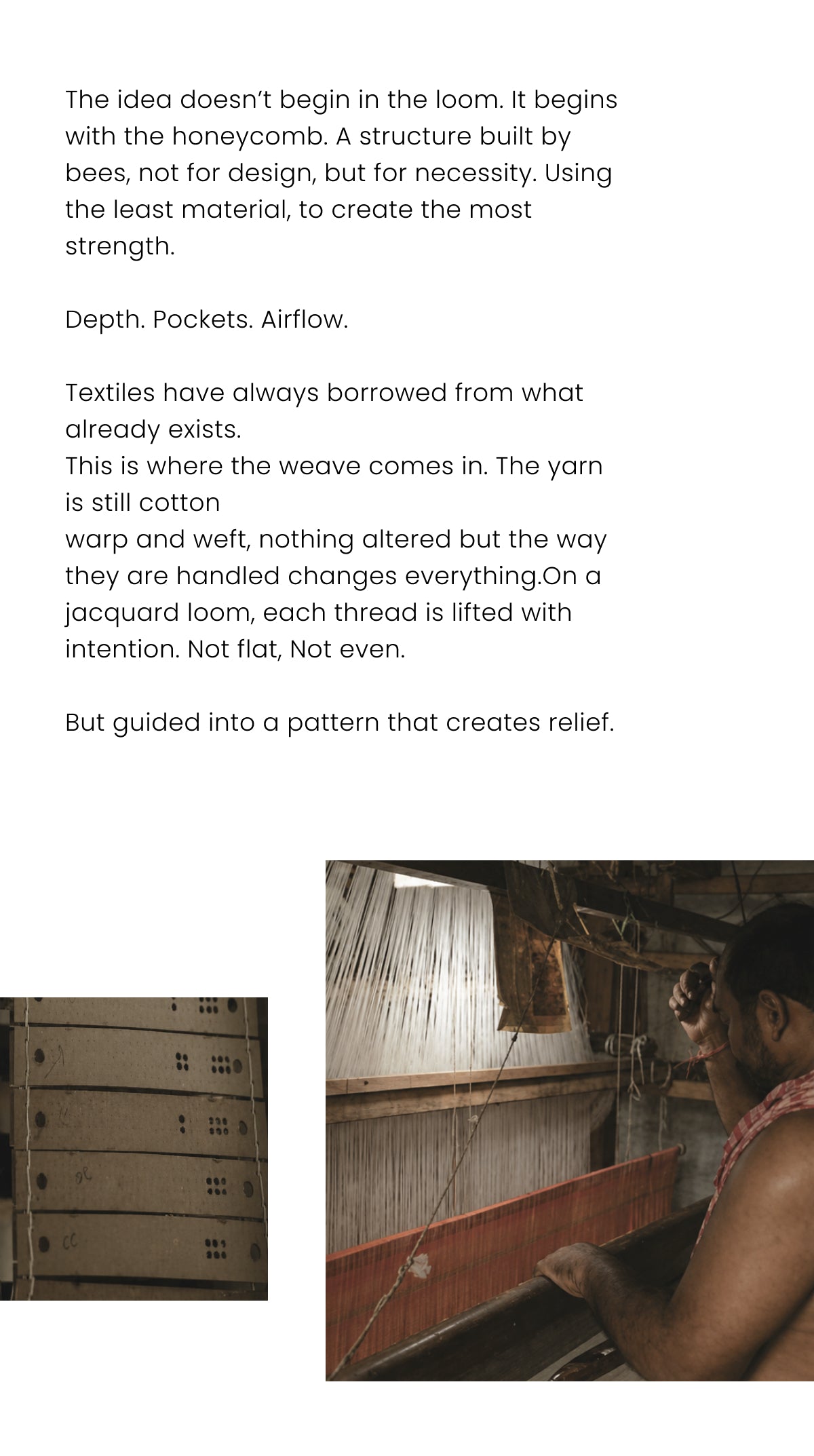 Textile production process with loom and person working on it, accompanied by text about textile design.