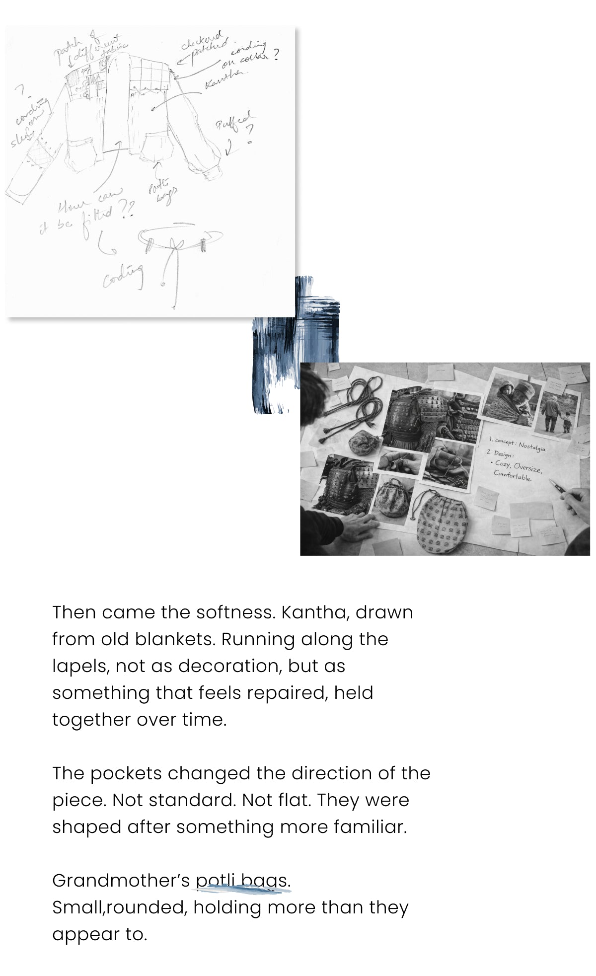 This image outlines a design process for a repurposed jacket that incorporates traditional textile techniques.