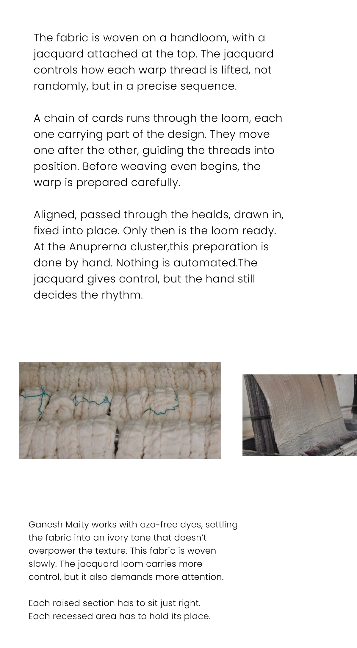 Text description of fabric weaving process with images of loom and fabric.