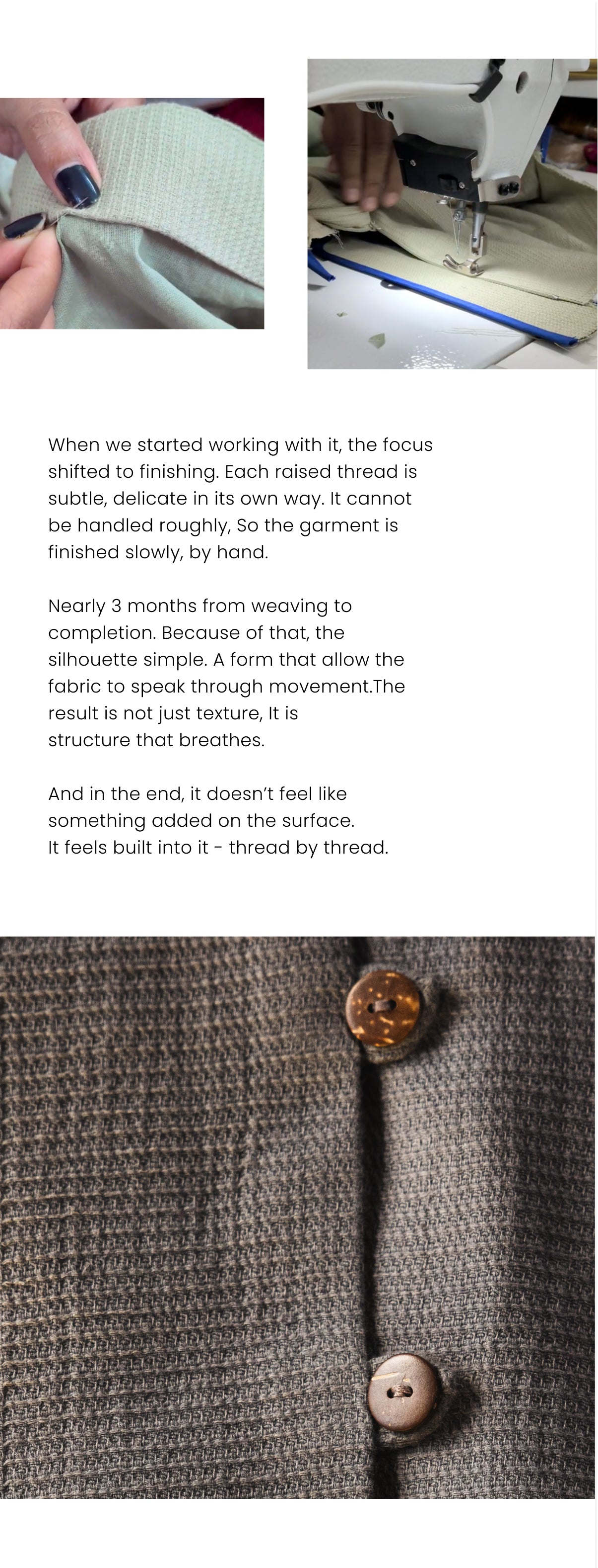 Text on fabric with a button and close-up of sewing machine needle.