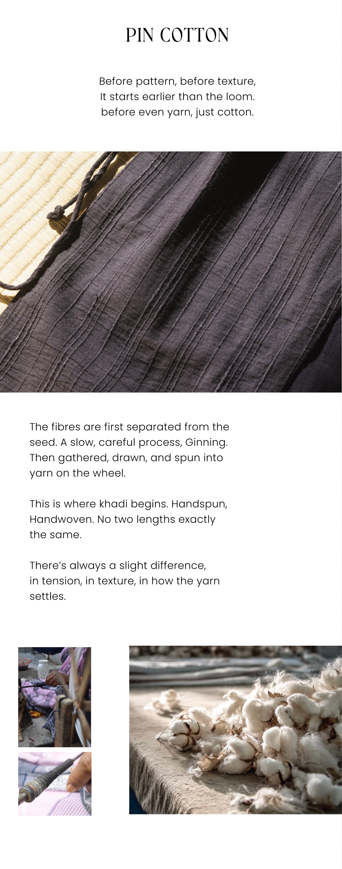 Text and images explaining the process of pin cotton production with a close-up of yarn.