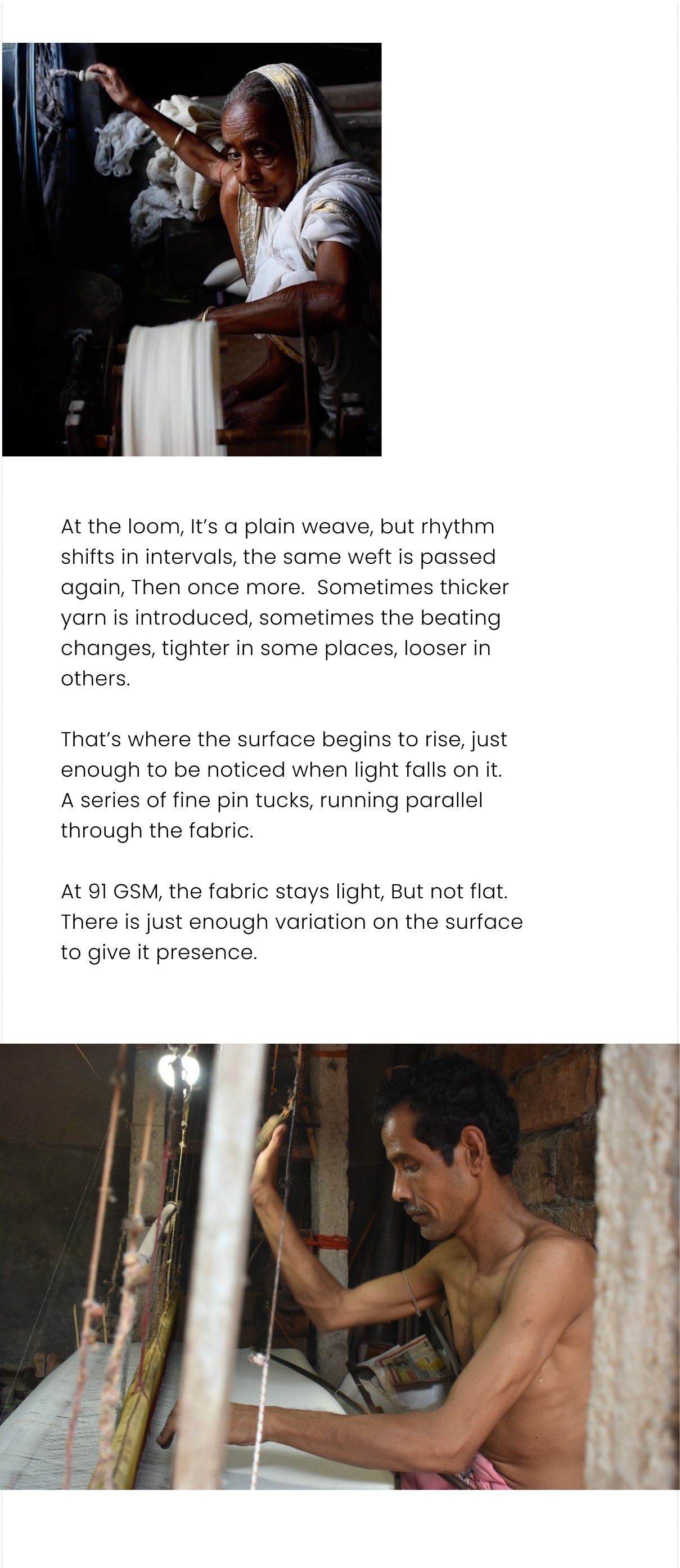 Text description of fabric-making process with images of people working on looms.